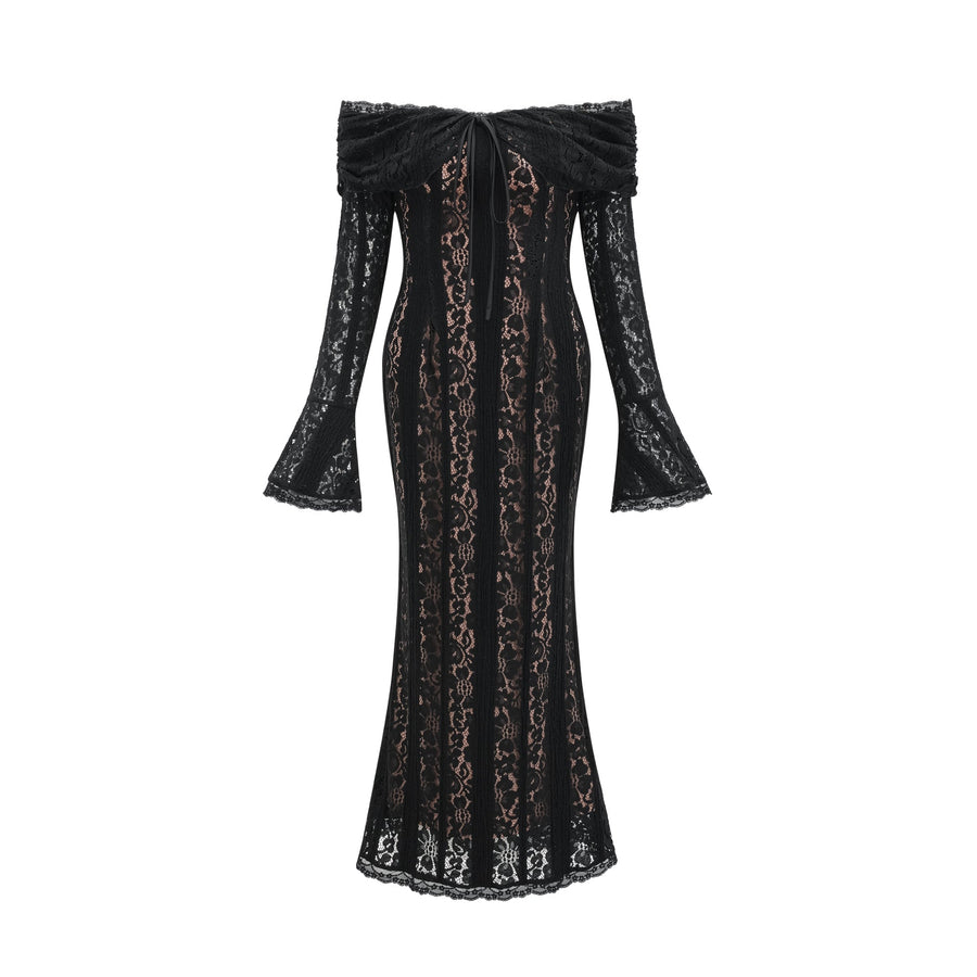 Émeline floral lace flared-cuff midi dress in Black