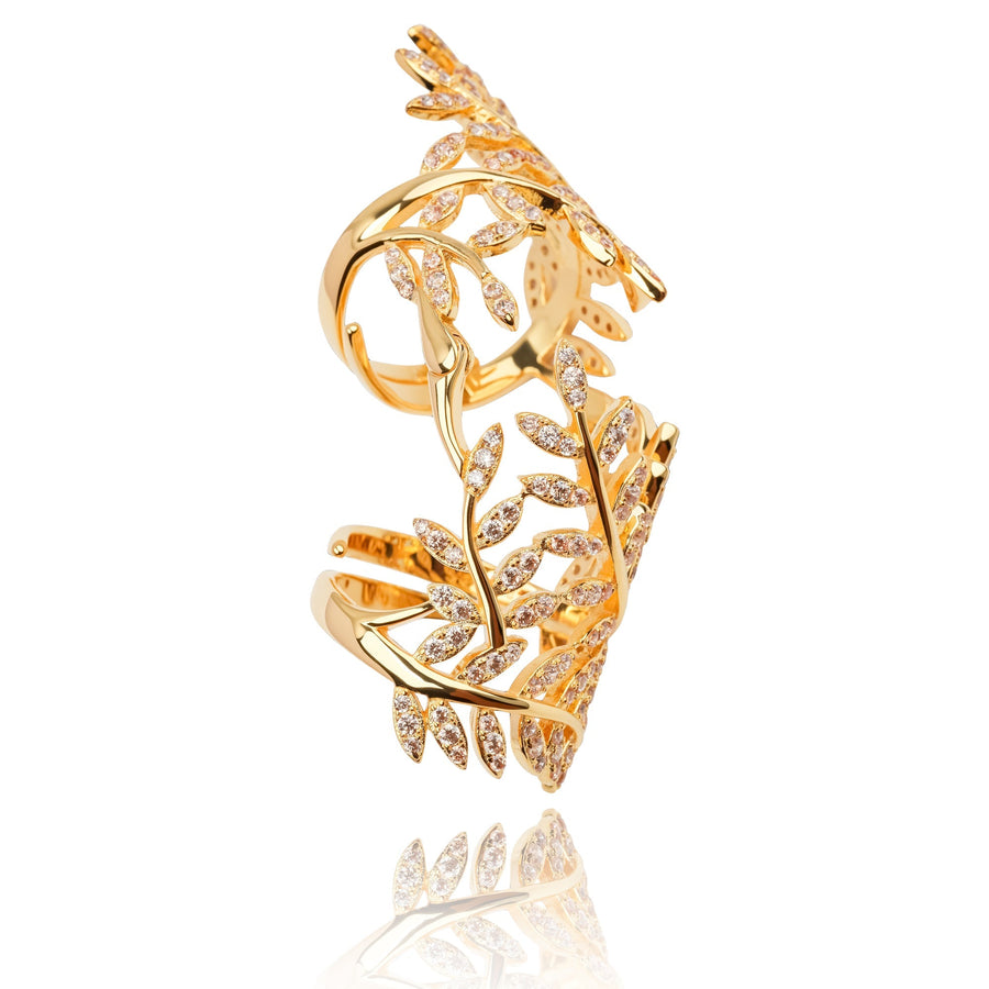 Glyphe Gold Tone Palm Leaf Adjustable Sterling Silver Ring