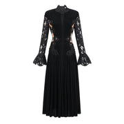 Chiara Black Lace Panel Pleated Midi Dress (Final Sale-US Only)