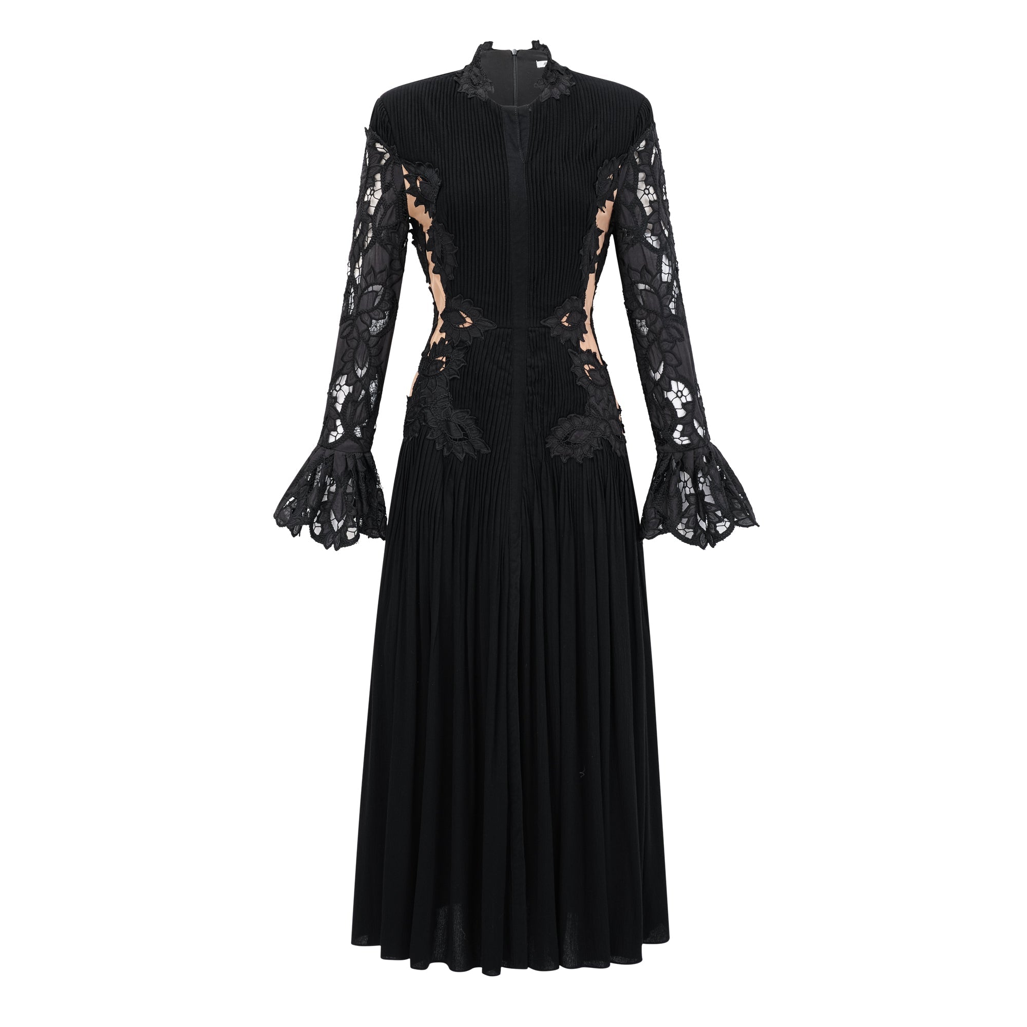 Chiara Black Lace Panel Pleated Midi Dress (Final Sale-US Only)
