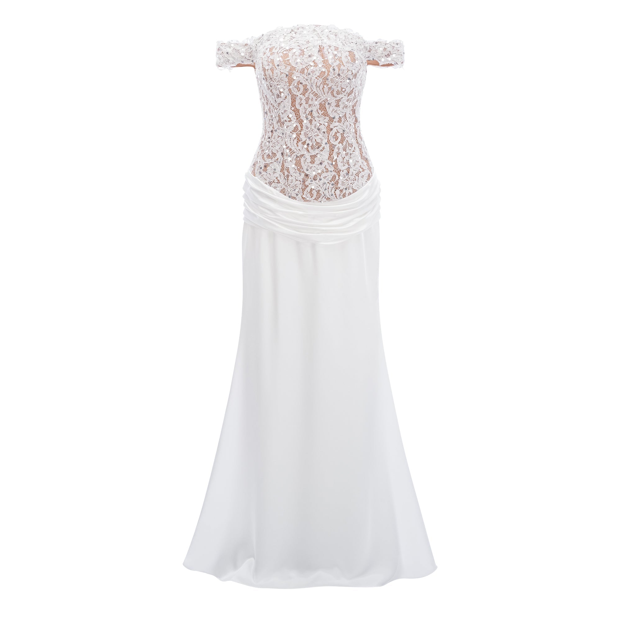 Grace White Satin Maxi Dress with Lace Panels