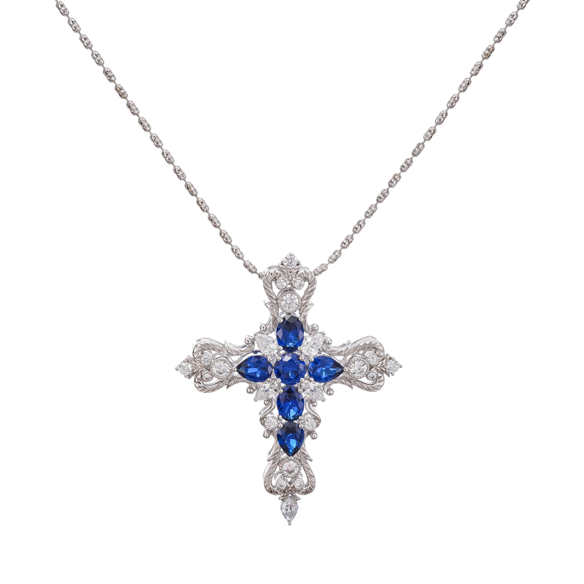 Tuulikki Blue Cross Shaped Pear Cut Gemstone Pendant Sterling Silver Necklace