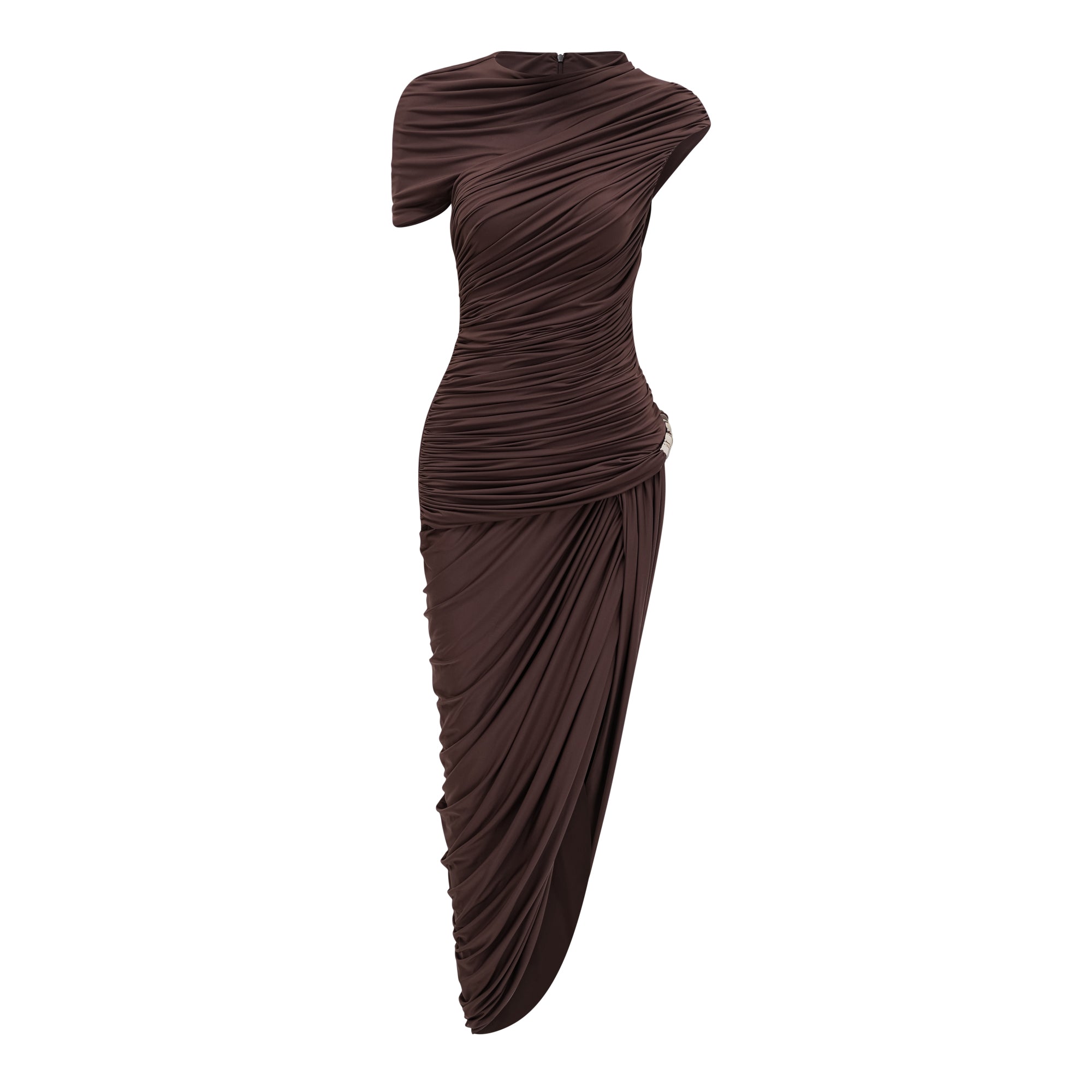 Prune Brown Night Out Asymmetrical Ruched Midi Dress (Final Sale-US Only)