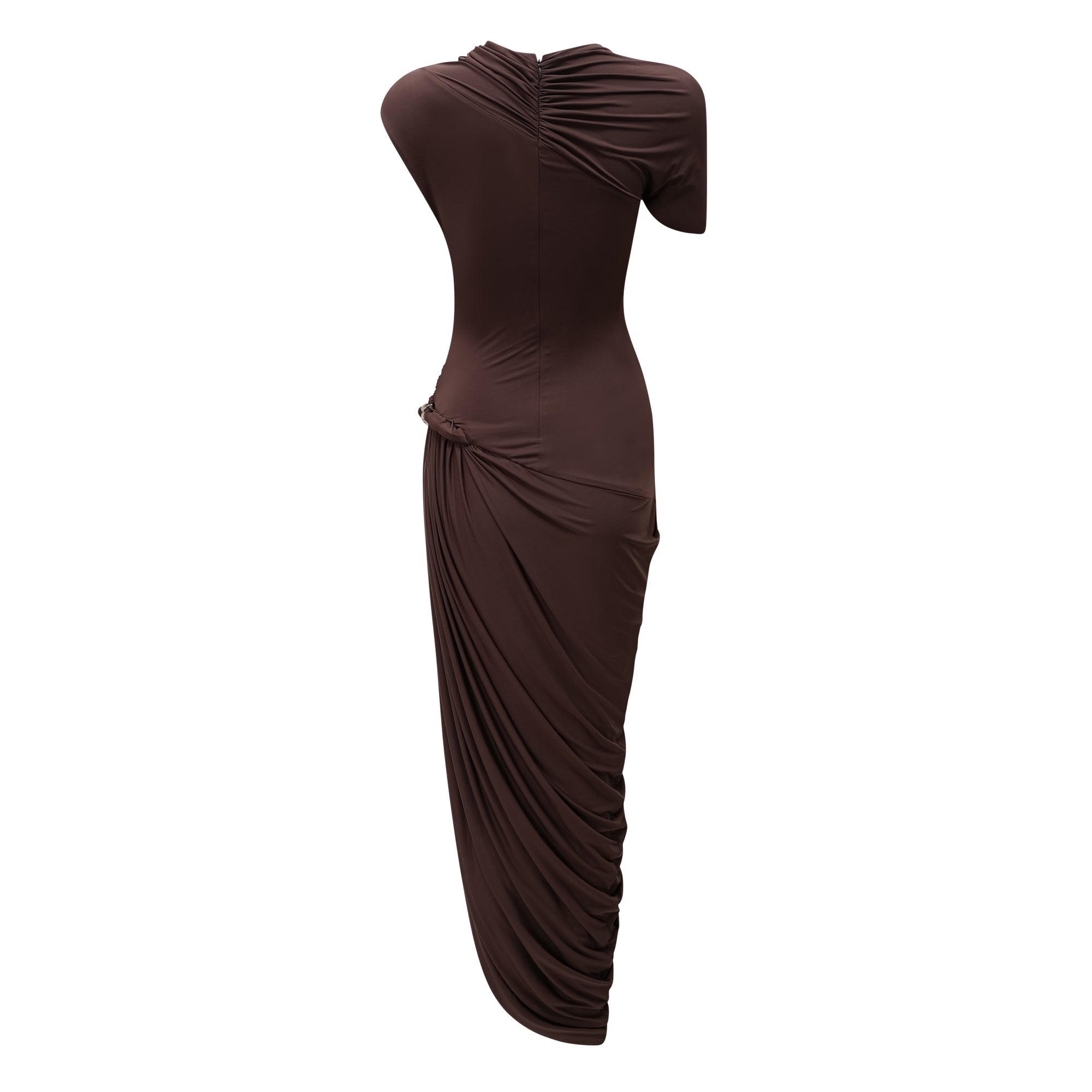 Prune Brown Night Out Asymmetrical Ruched Midi Dress (Final Sale)