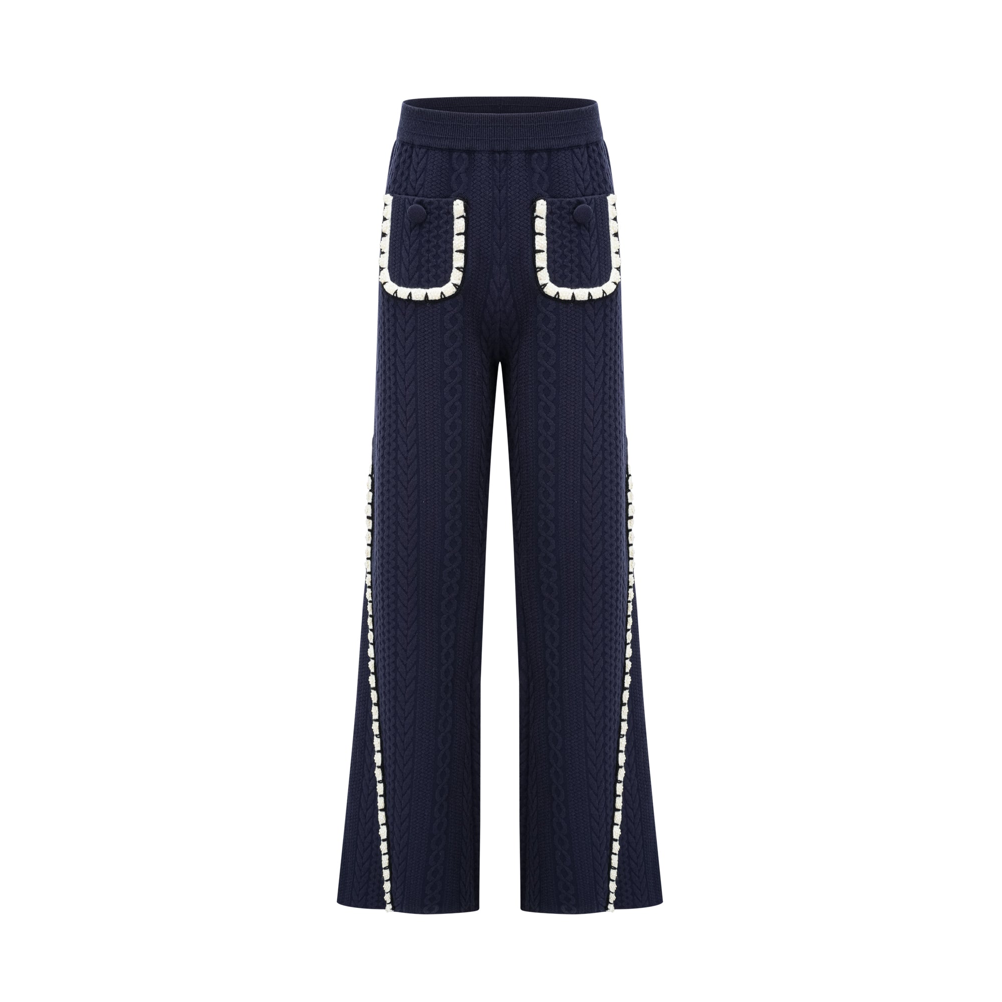 Elvira navy blue crochet-knit cardigan & trousers matching set (Final Sale-US Only)
