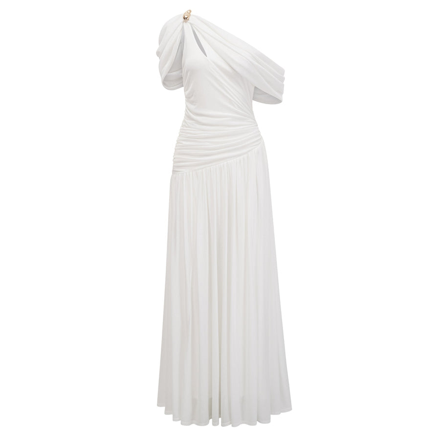 Sigrun White Asymmetrical Gathered Maxi Dress
