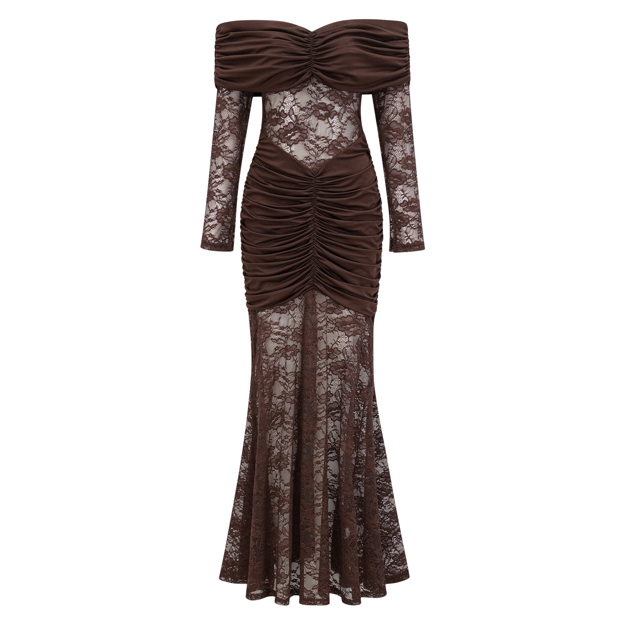 Brigitte Brown Lace Panel Ruched Maxi Dress (Final Sale)