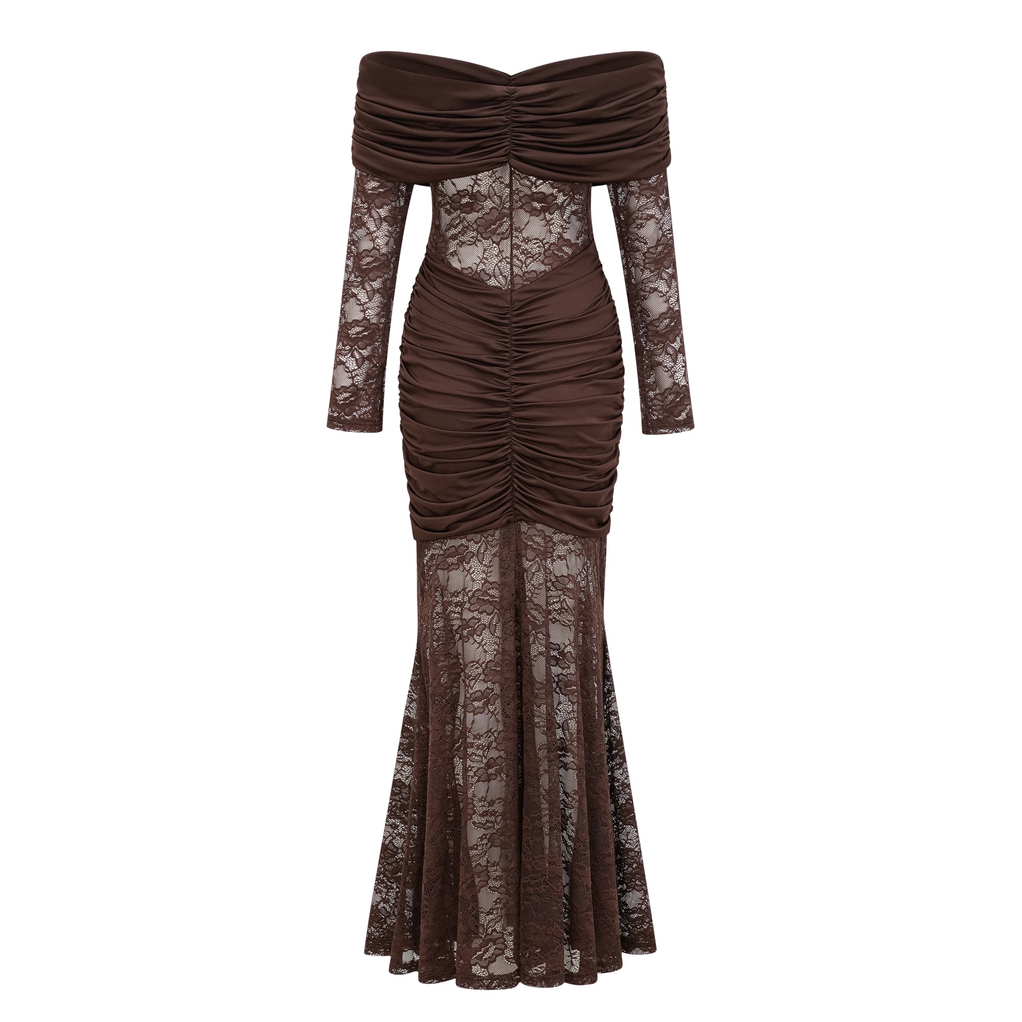 Brigitte Brown Lace Panel Ruched Maxi Dress (Final Sale-US Only)