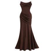Marilou Brown Ruched Satin Maxi Dress