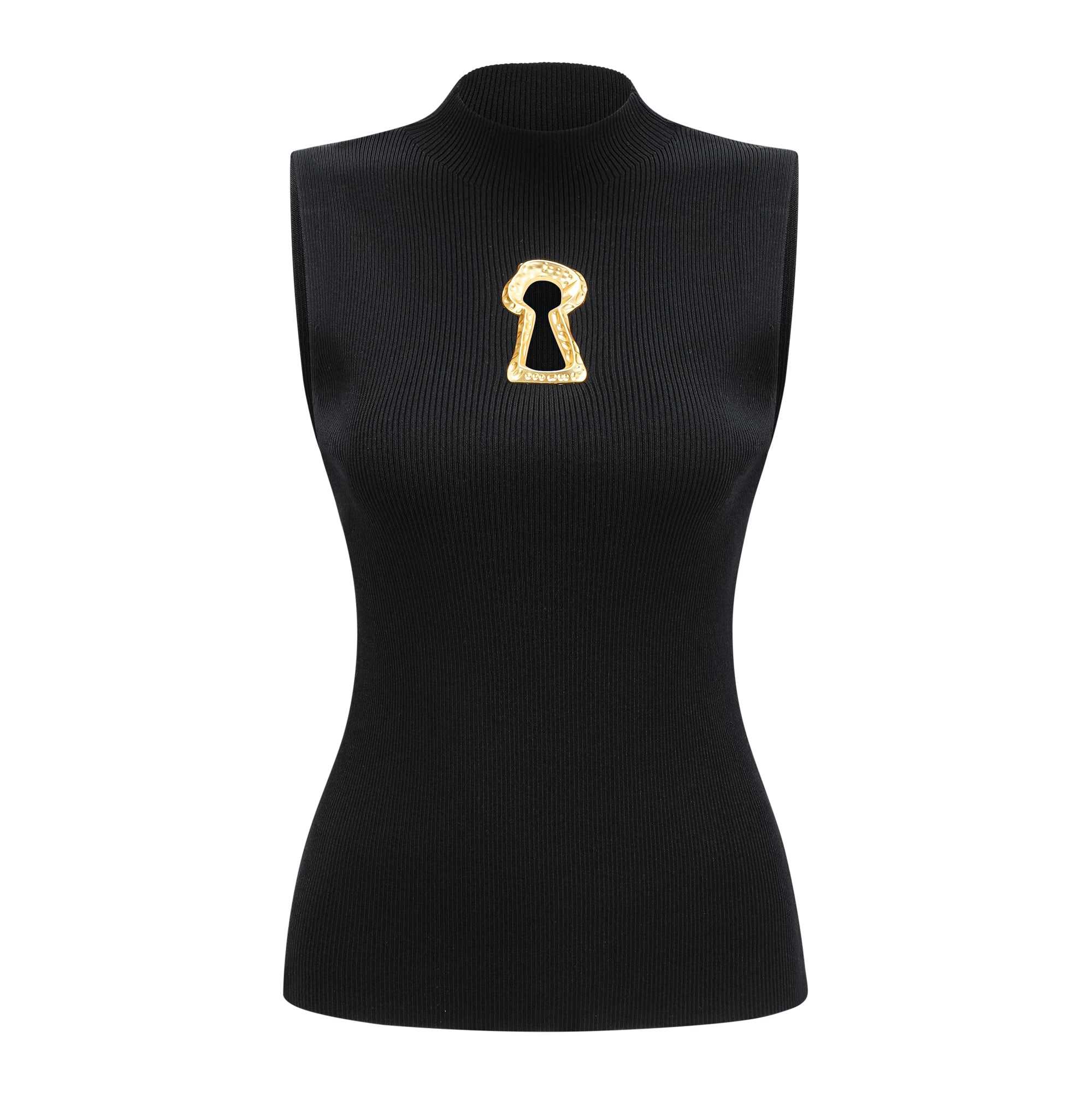 Ysandre Black Ribbed Knit Keyhole Tank Top