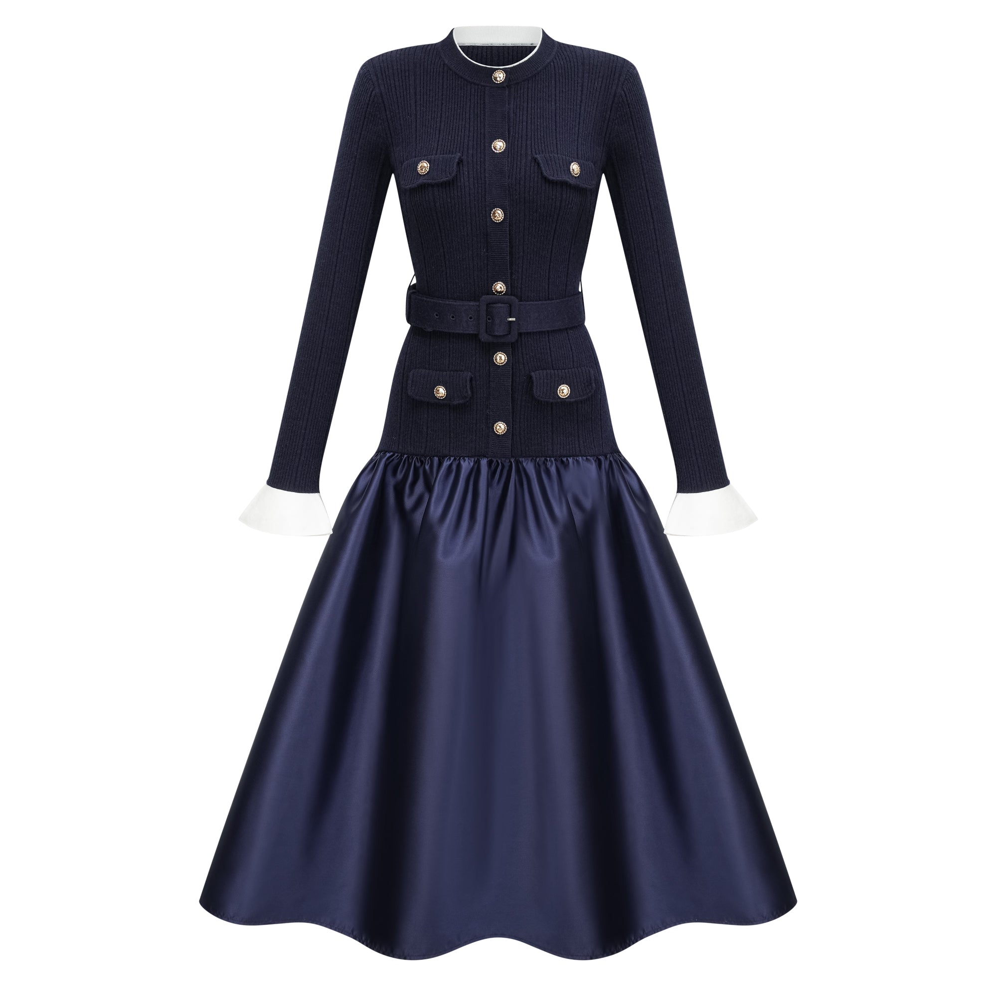 Fern Navy Blue Satin Panel Knit Midi Dress (Final Sale)