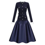 Fern Navy Blue Satin Panel Knit Midi Dress  (Final Sale-US Only)
