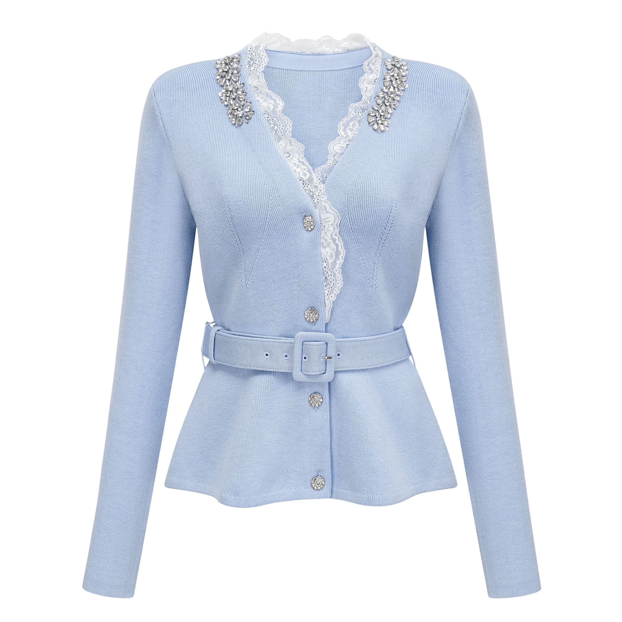 Irina Blue Embellished Ruffled Ribbed Knit Cardigan