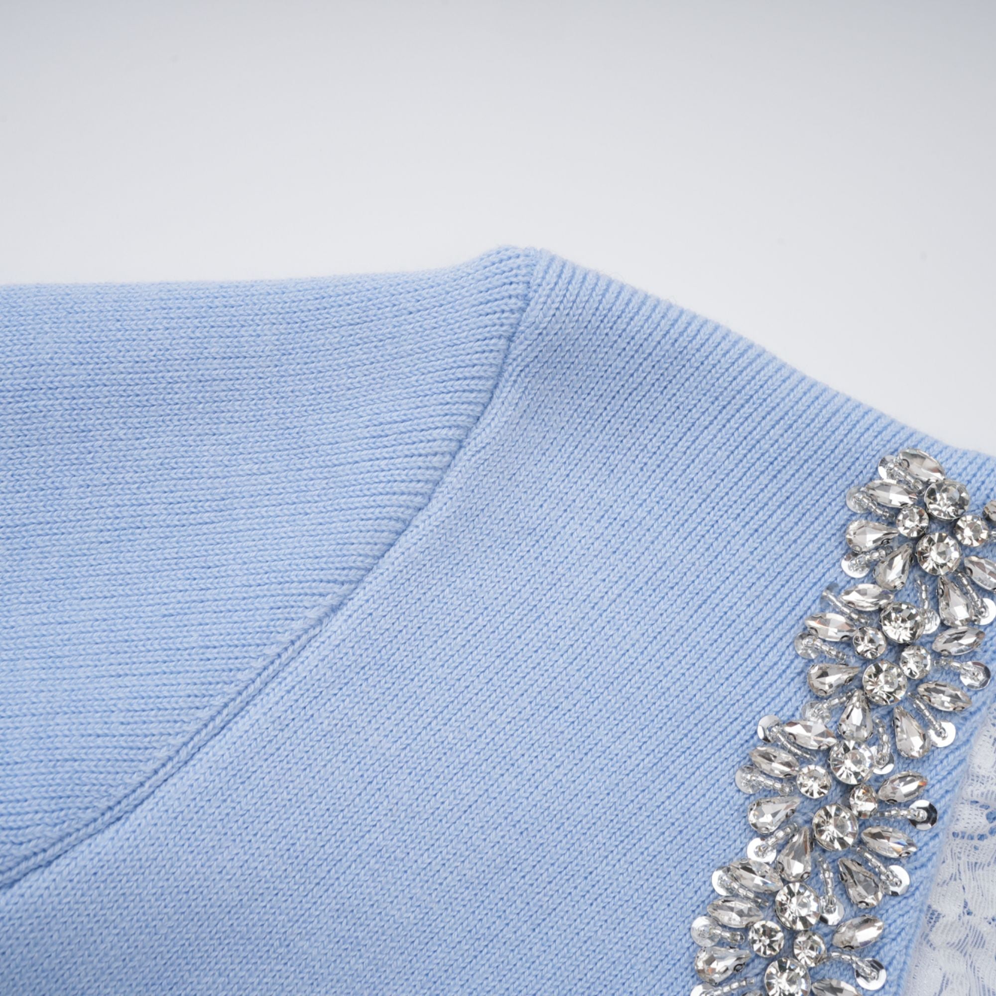 Irina Blue Embellished Ruffled Ribbed Knit Cardigan