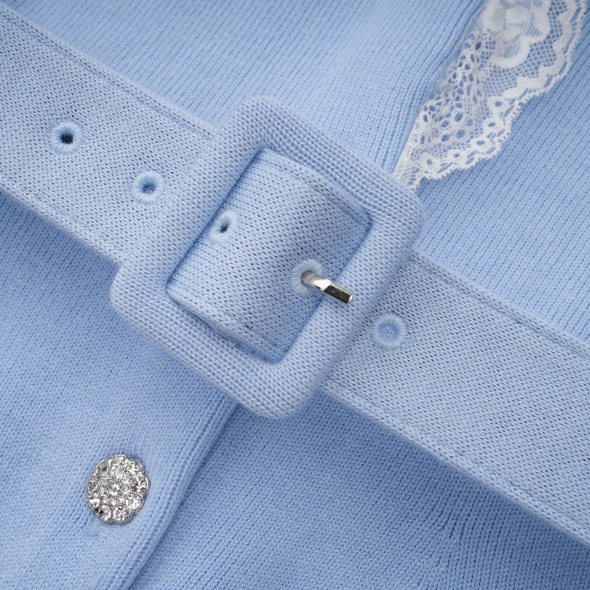 Irina Blue Embellished Ruffled Ribbed Knit Cardigan (Final Sale)