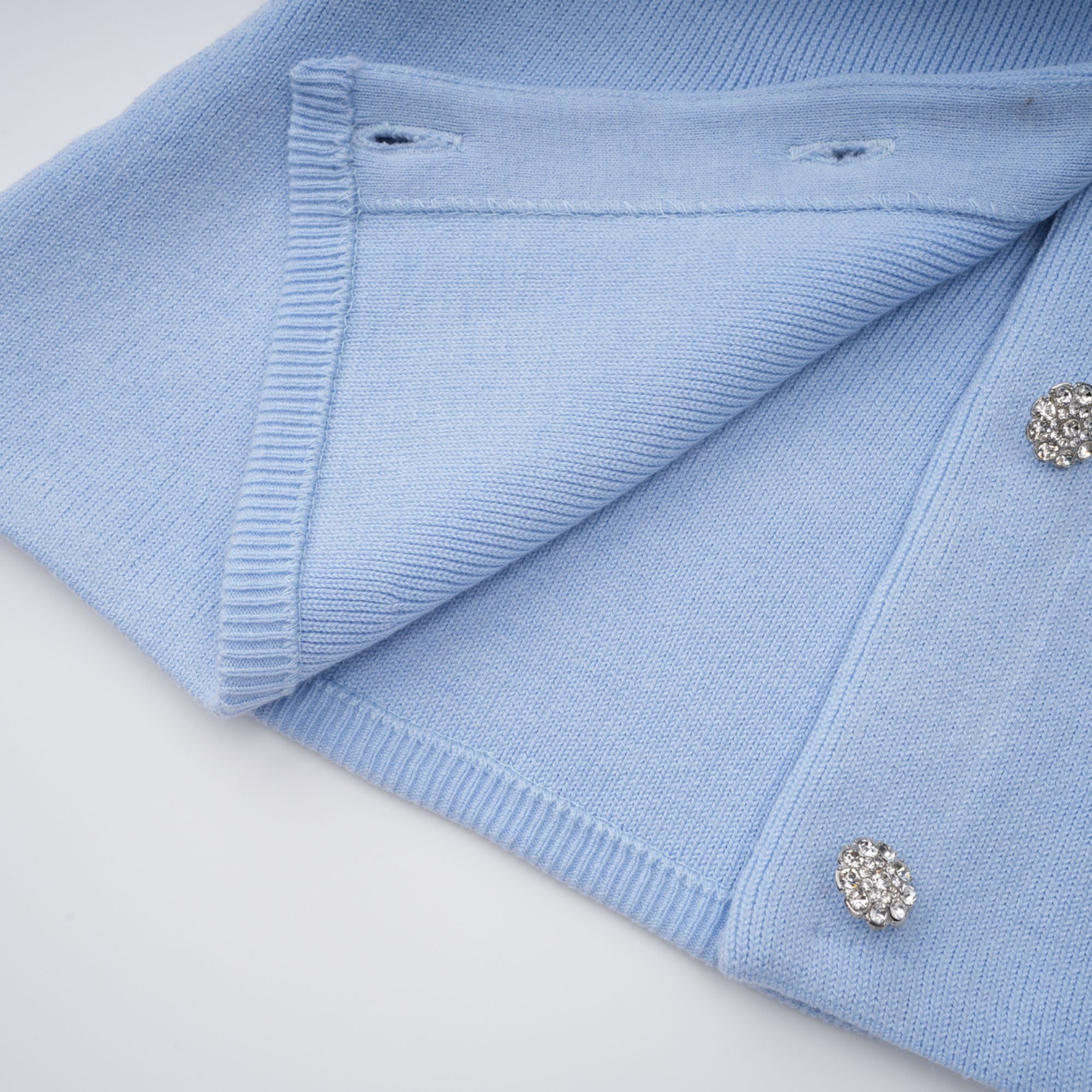 Irina Blue Embellished Ruffled Ribbed Knit Cardigan