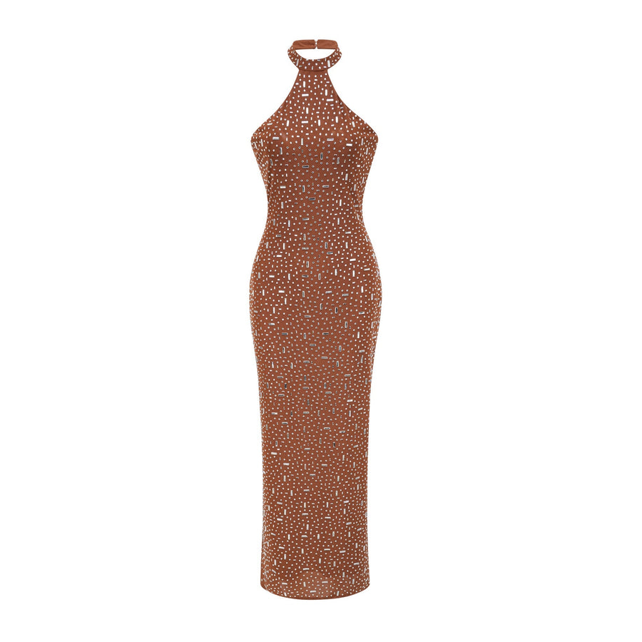 Désirée brown embellished halter neck bodycon maxi dress