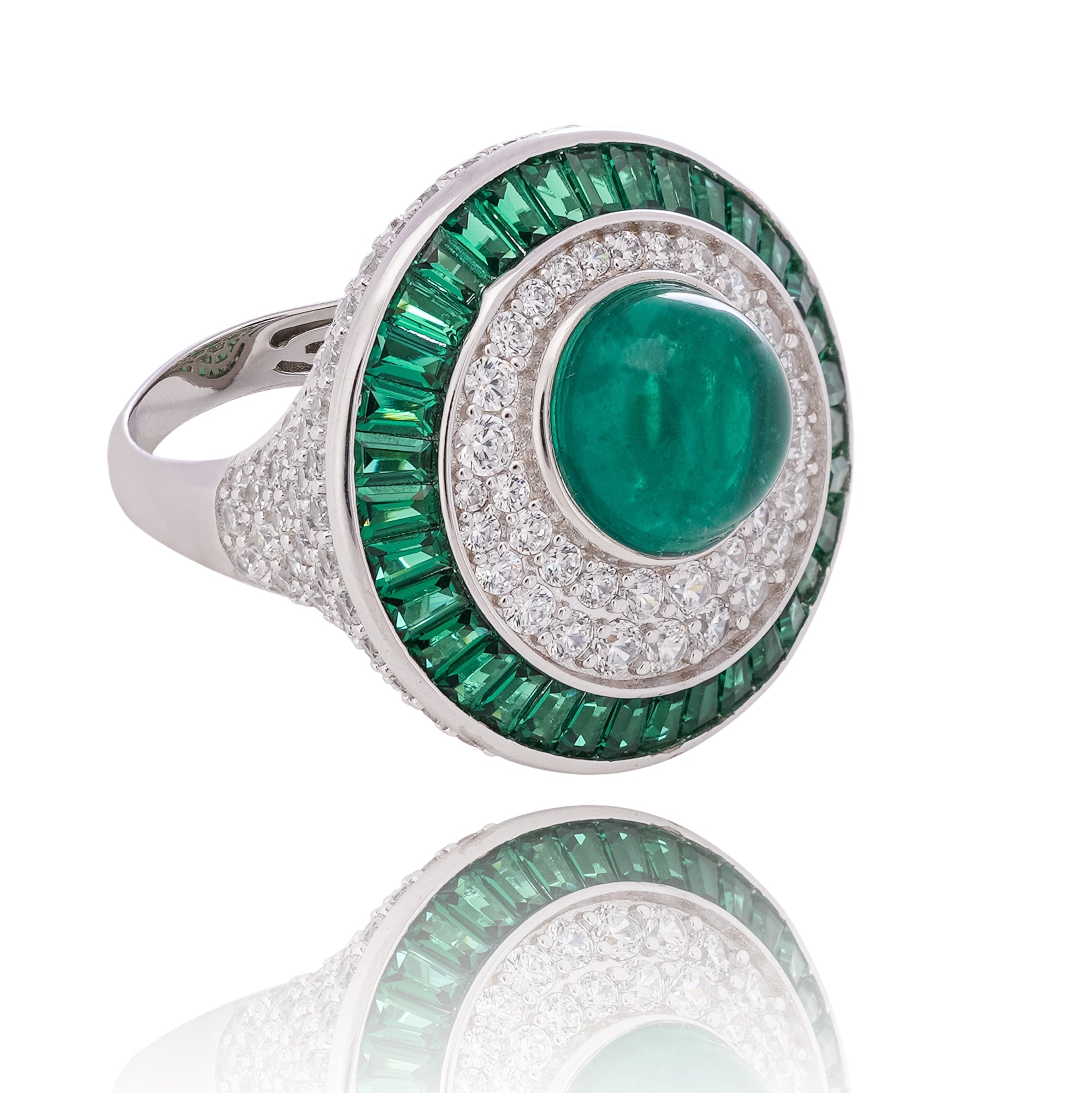 Gamze Green Emerald Cabochon Baguette Halo Pavé Crystal Sterling Silver Ring