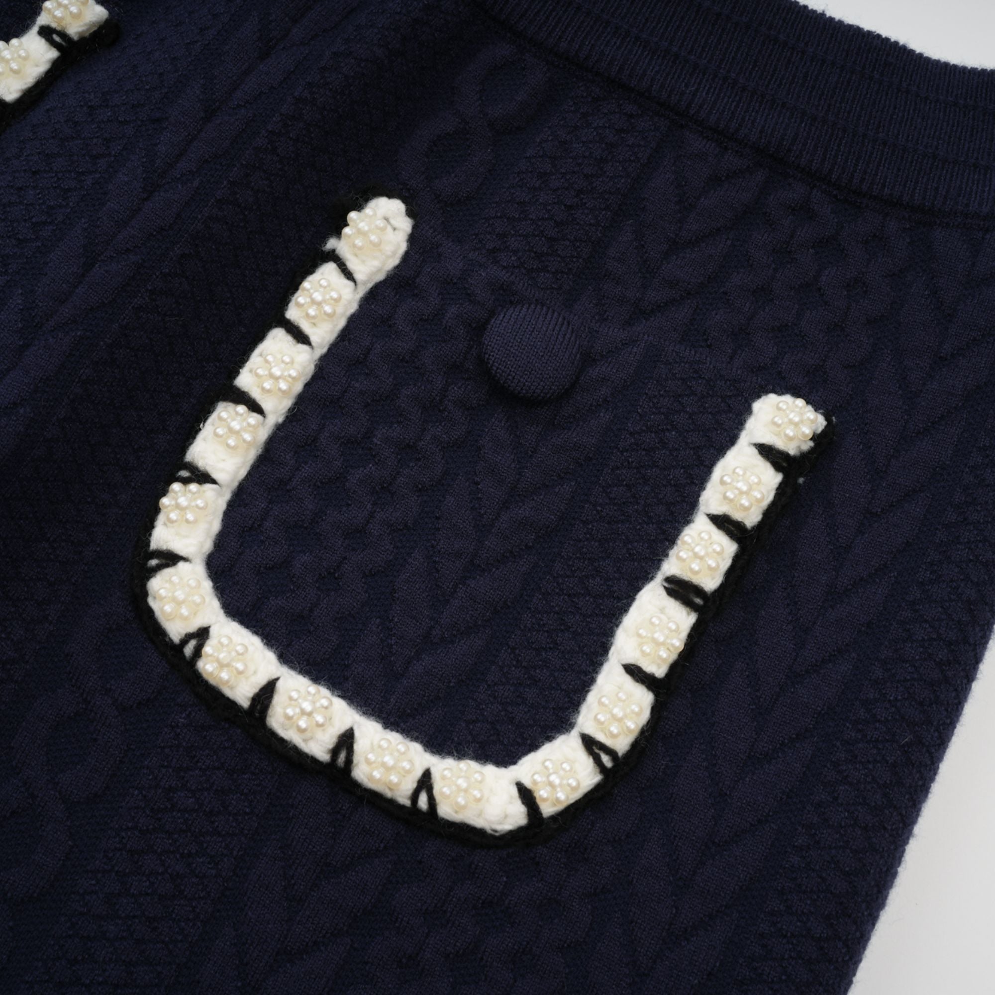 Elvira navy blue crochet-knit cardigan & trousers matching set (Final Sale-US Only)