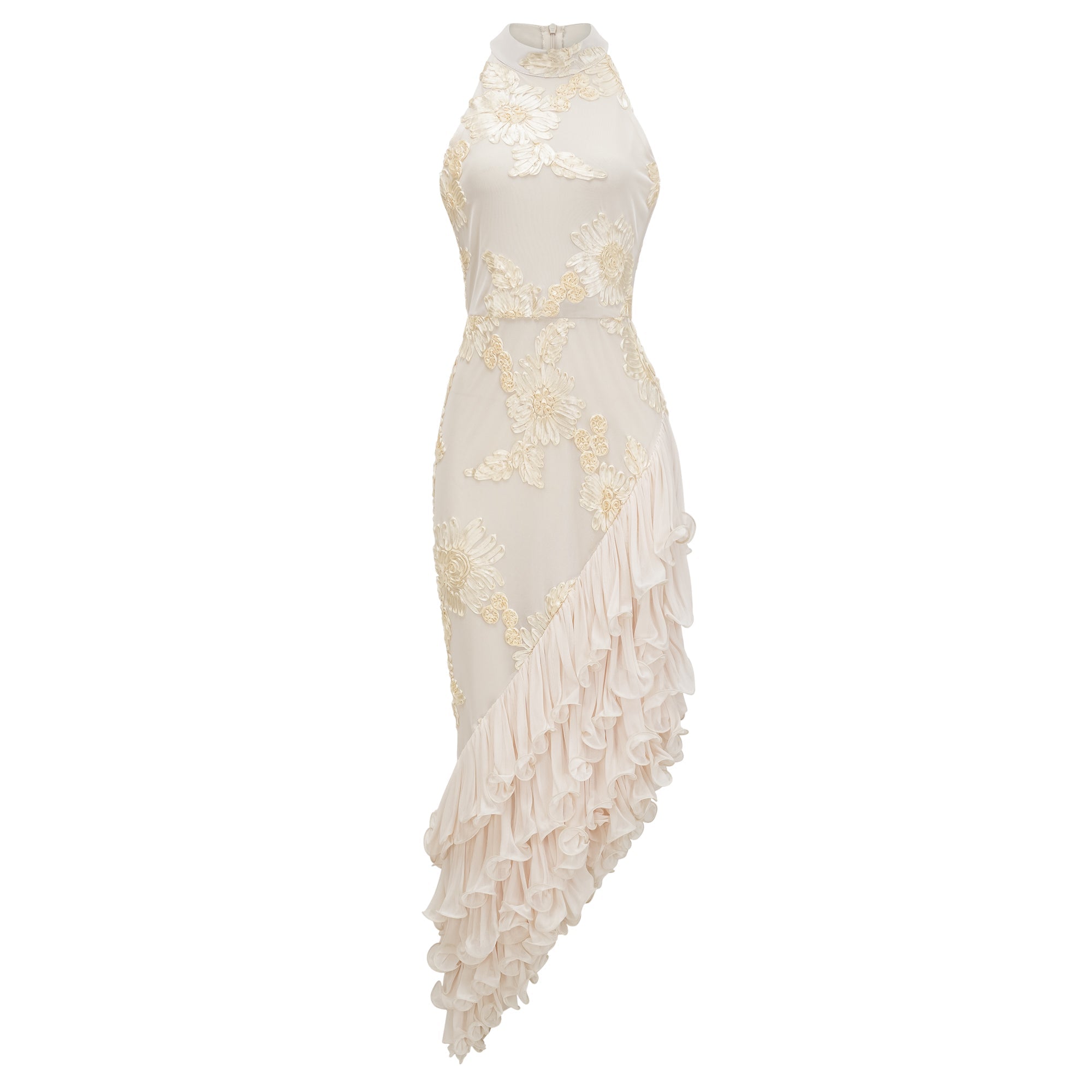 Théoline Neutral Asymmetrical Ruffled Floral Midi Dress (Final Sale-US Only)