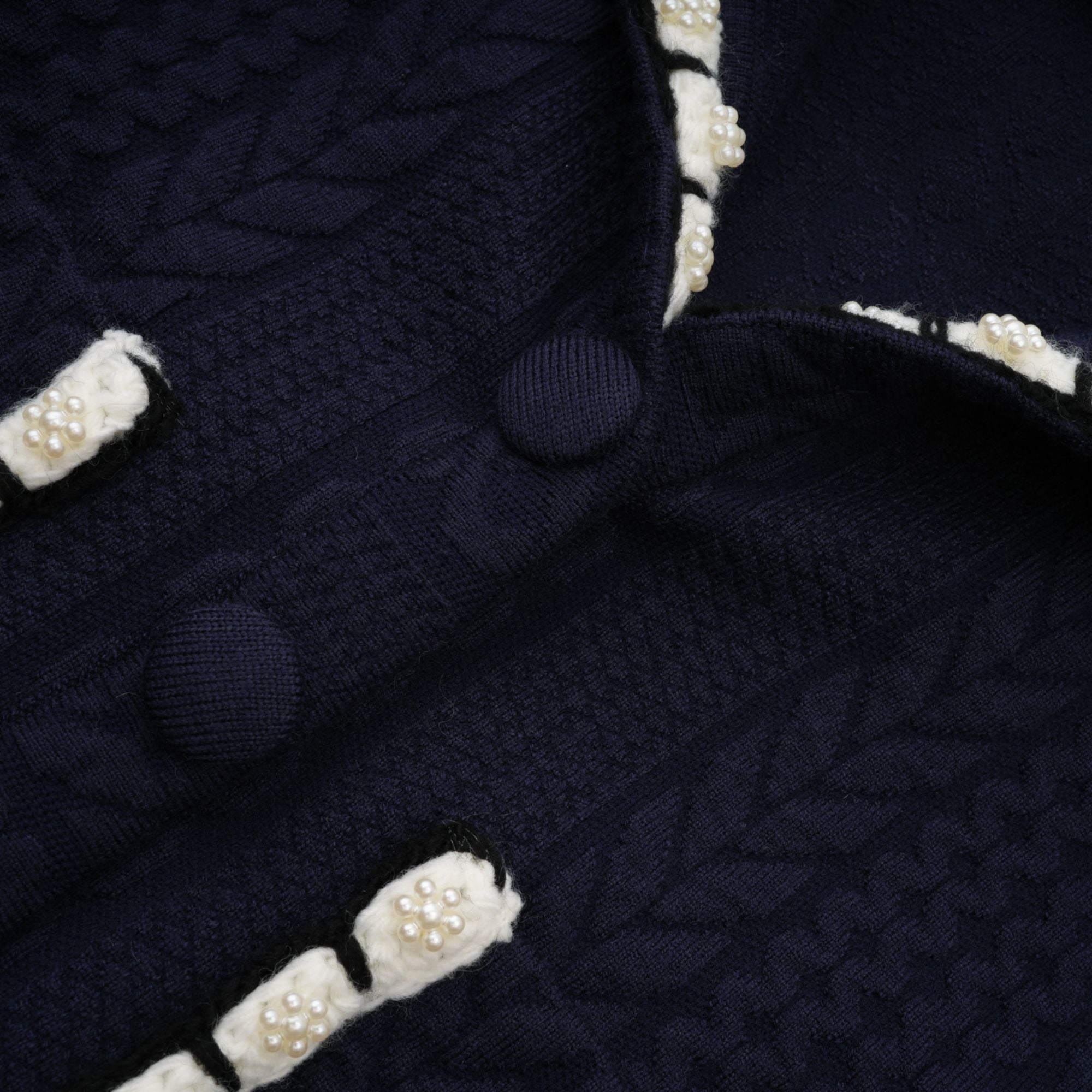 Elvira navy blue crochet-knit cardigan & trousers matching set (Final Sale-US Only)
