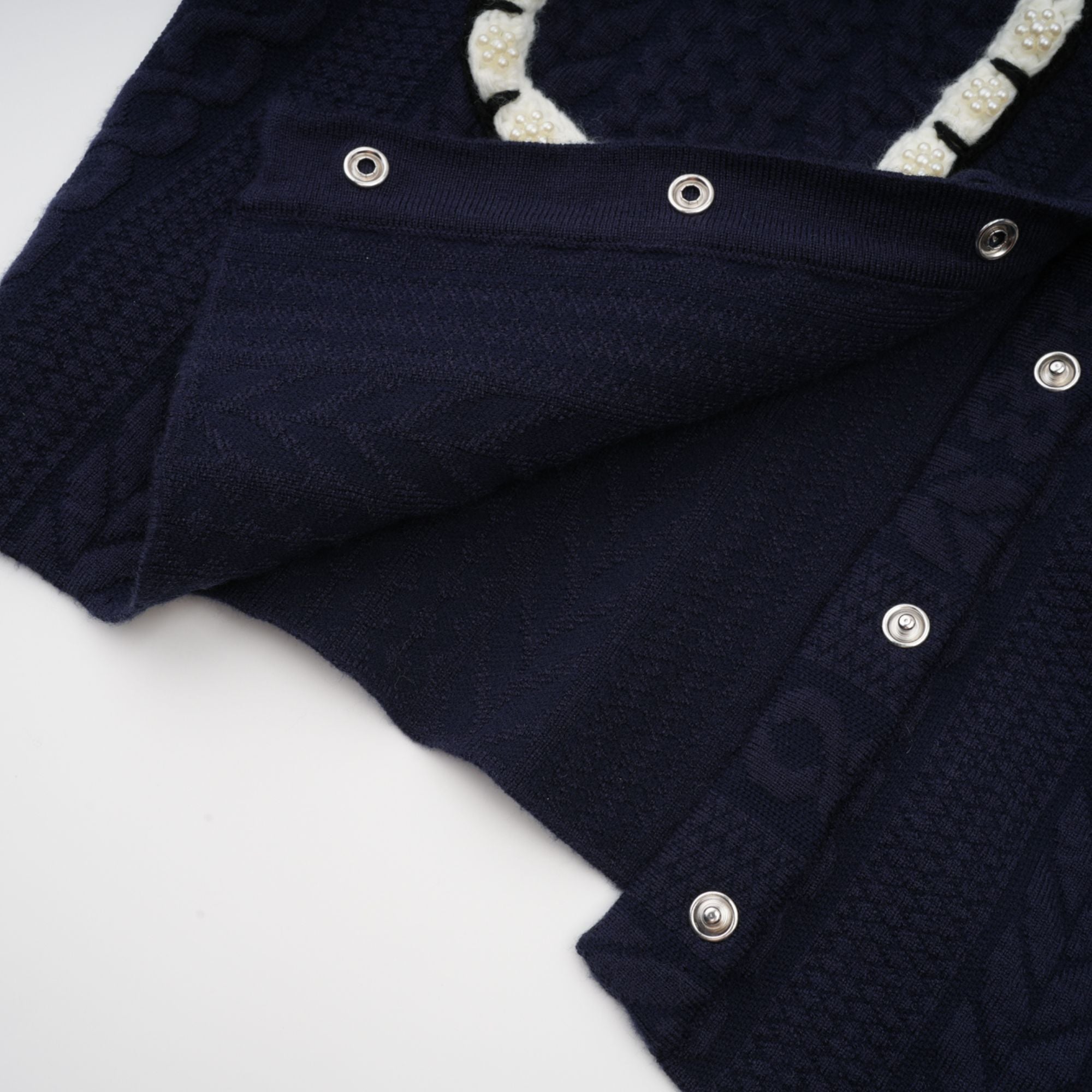Elvira navy blue crochet-knit cardigan & trousers matching set (Final Sale-US Only)