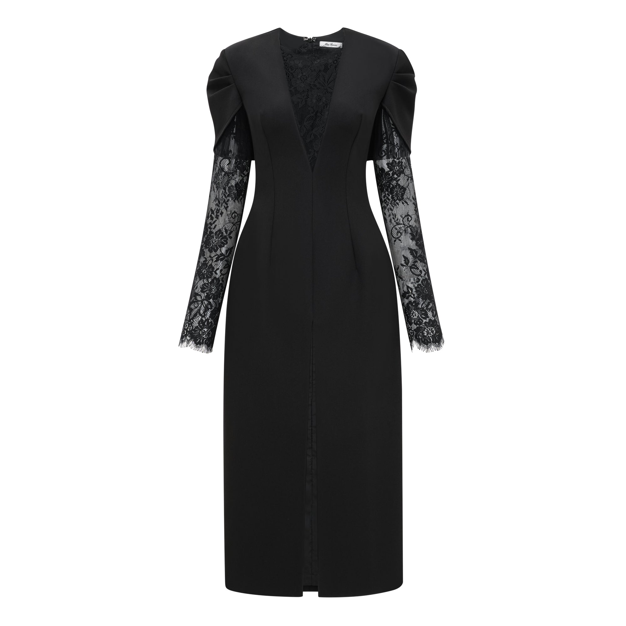 Rhea Black High Slit Lace Panel Midi Dress