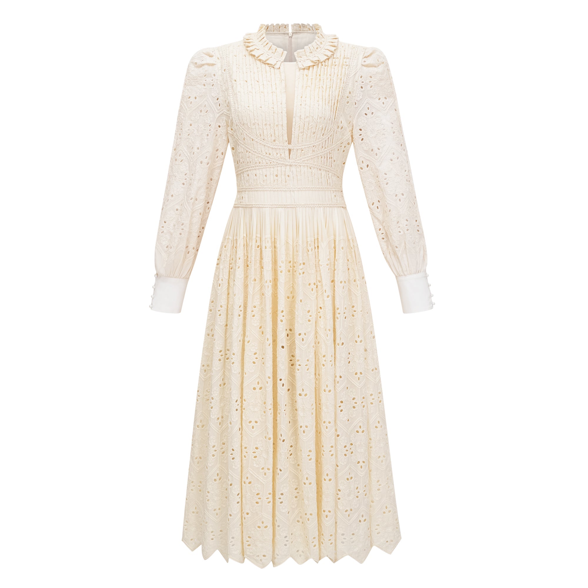 Isabeau Neutral Floral Embroidered Pleated Midi Dress