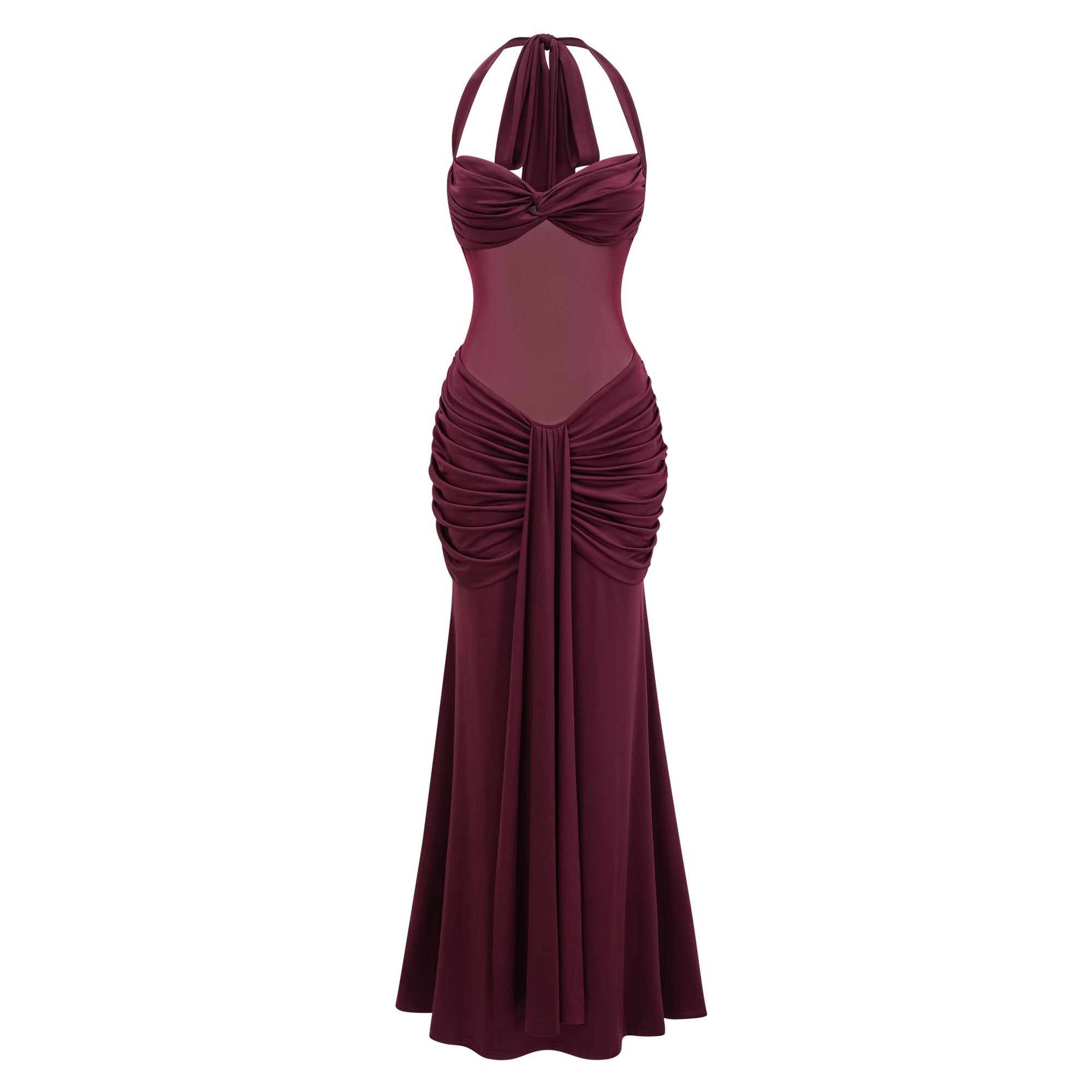 Amandine Burgundy Halterneck Gathered Maxi Dress (Final Sale-US Only)