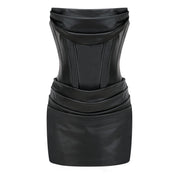 Agnes Black Ruched Leather Bodycon Mini Dress