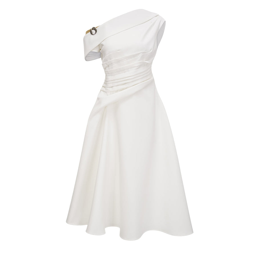 Blossom White One Shoulder Ruched Midi Dress