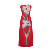 Irène Sequin Embroidered Off-Shoulder Midi Dress in Red