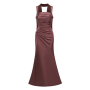 Inmaculada Brown Ruched Satin Maxi Dress