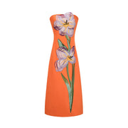 Irène Sequin Embroidered Off-Shoulder Midi Dress in Orange