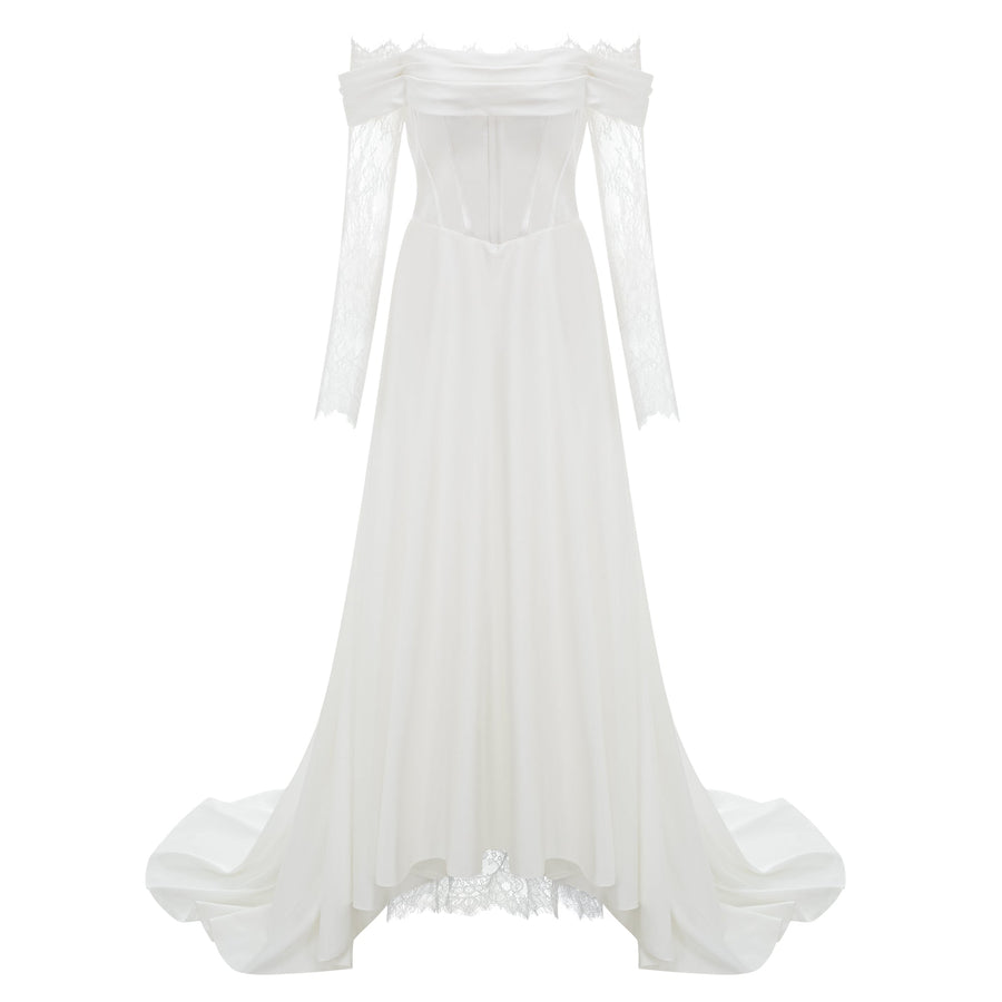 Víctor White Off-Shoulder Lace Panel Maxi Dress