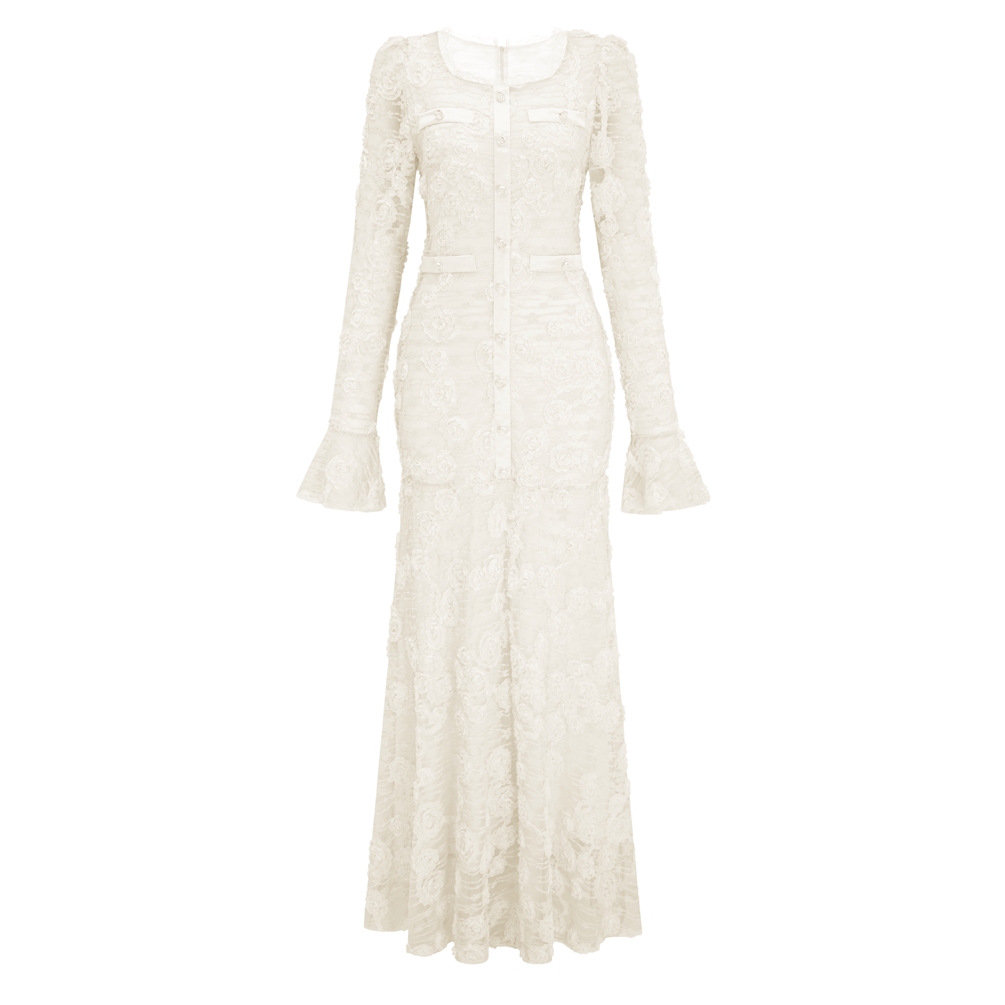 Branwen Neutral 3D-Floral Embroidered Lace Maxi Dress