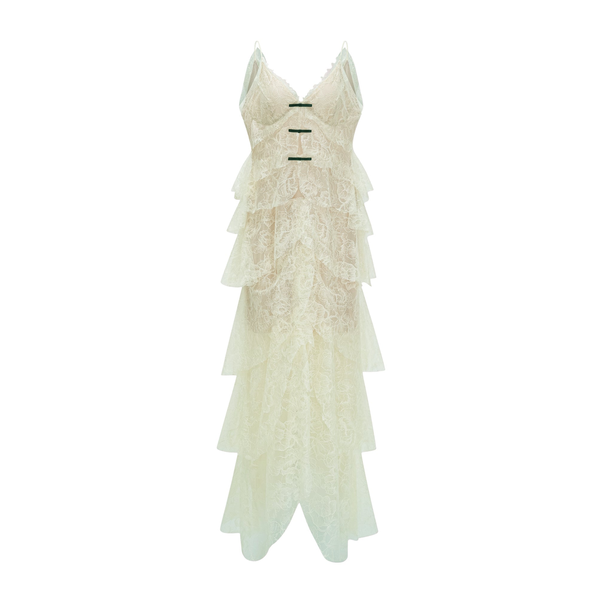 Atousa Green Layered Floral Lace Maxi Dress with Bow