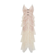 Atousa Cream Layered Floral Lace Maxi Dress with Bow