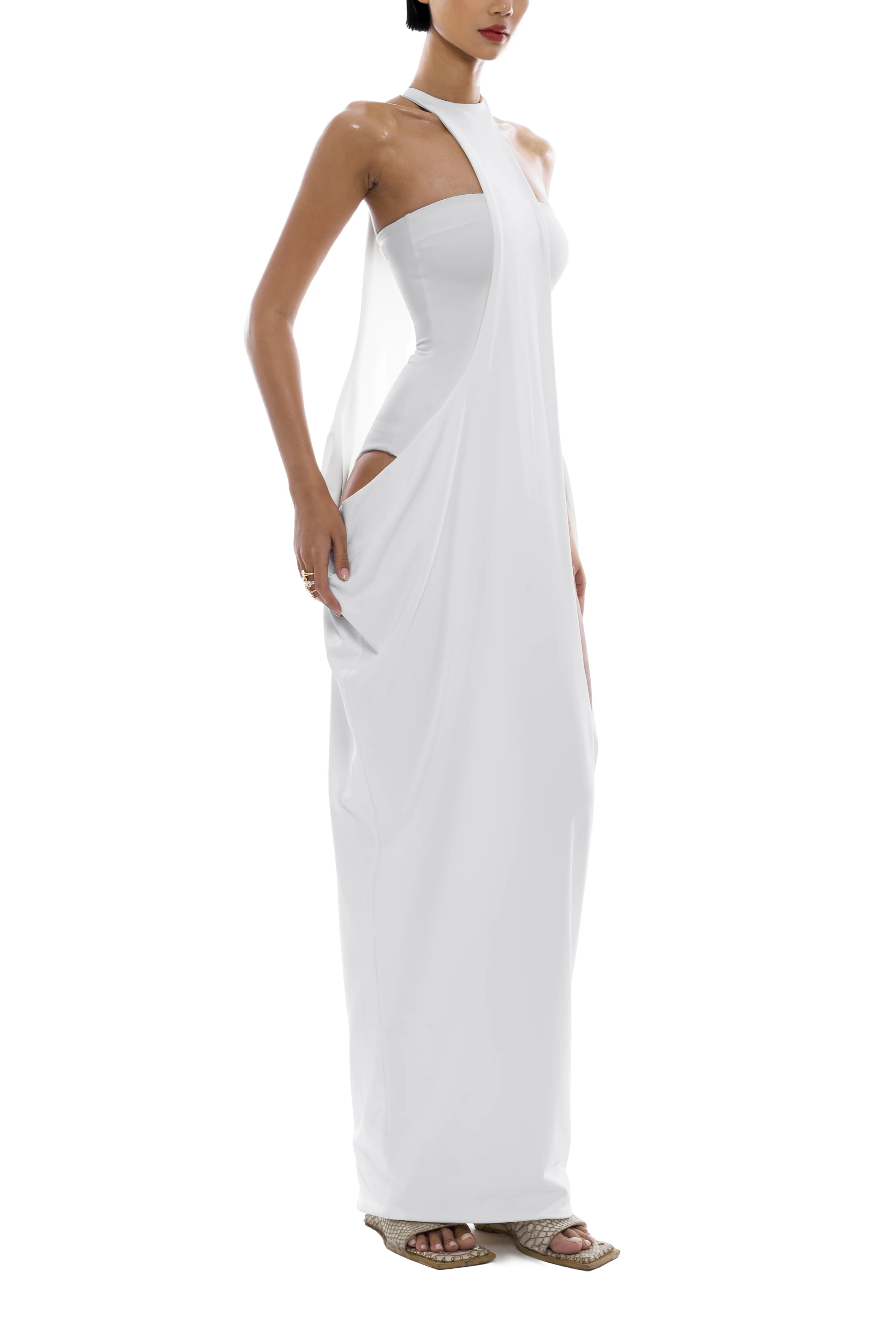 Elowen White Halter Neck Draped Maxi Dress