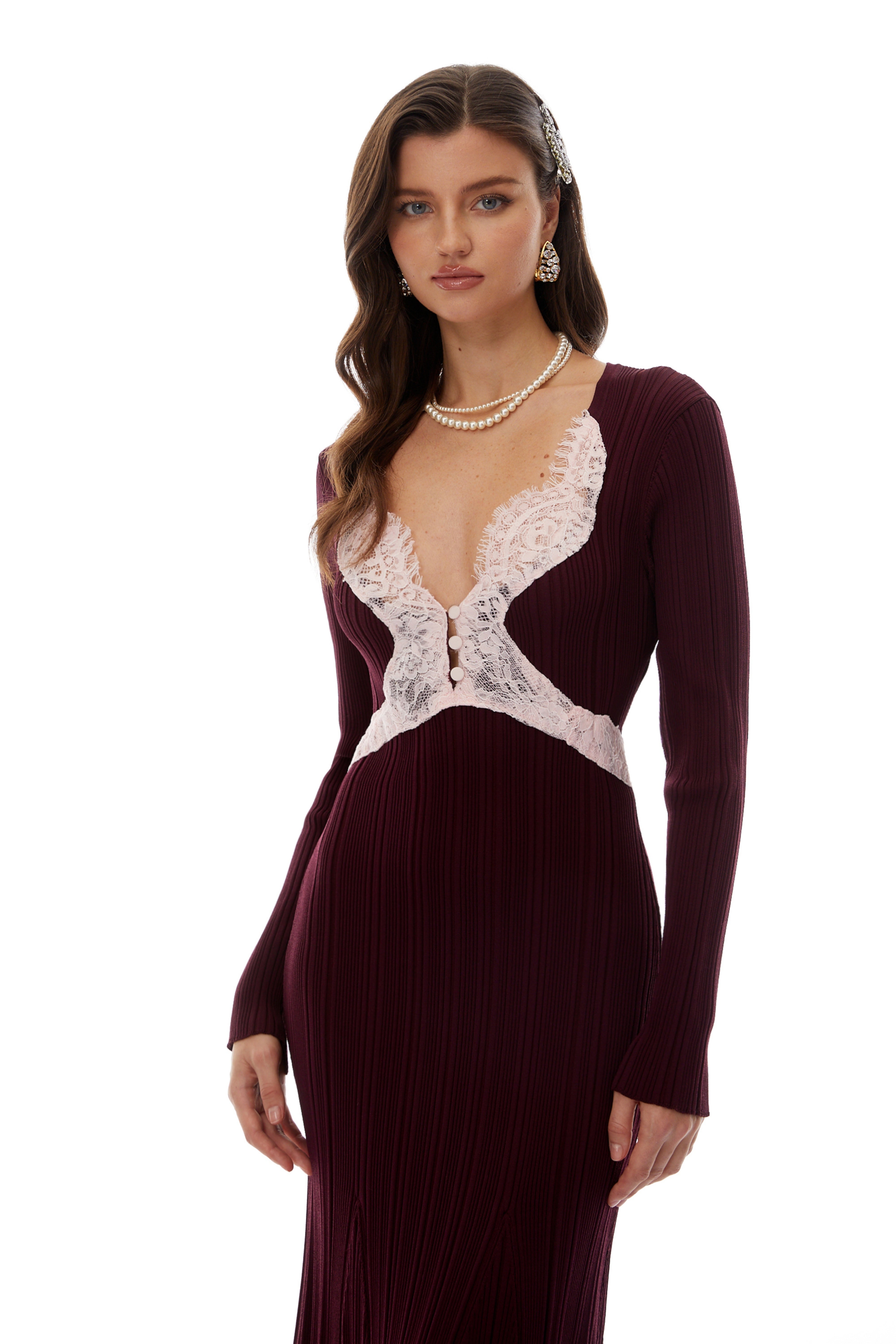 Dagný Burgundy Lace Trim Knit Midi Dress (Final Sale)