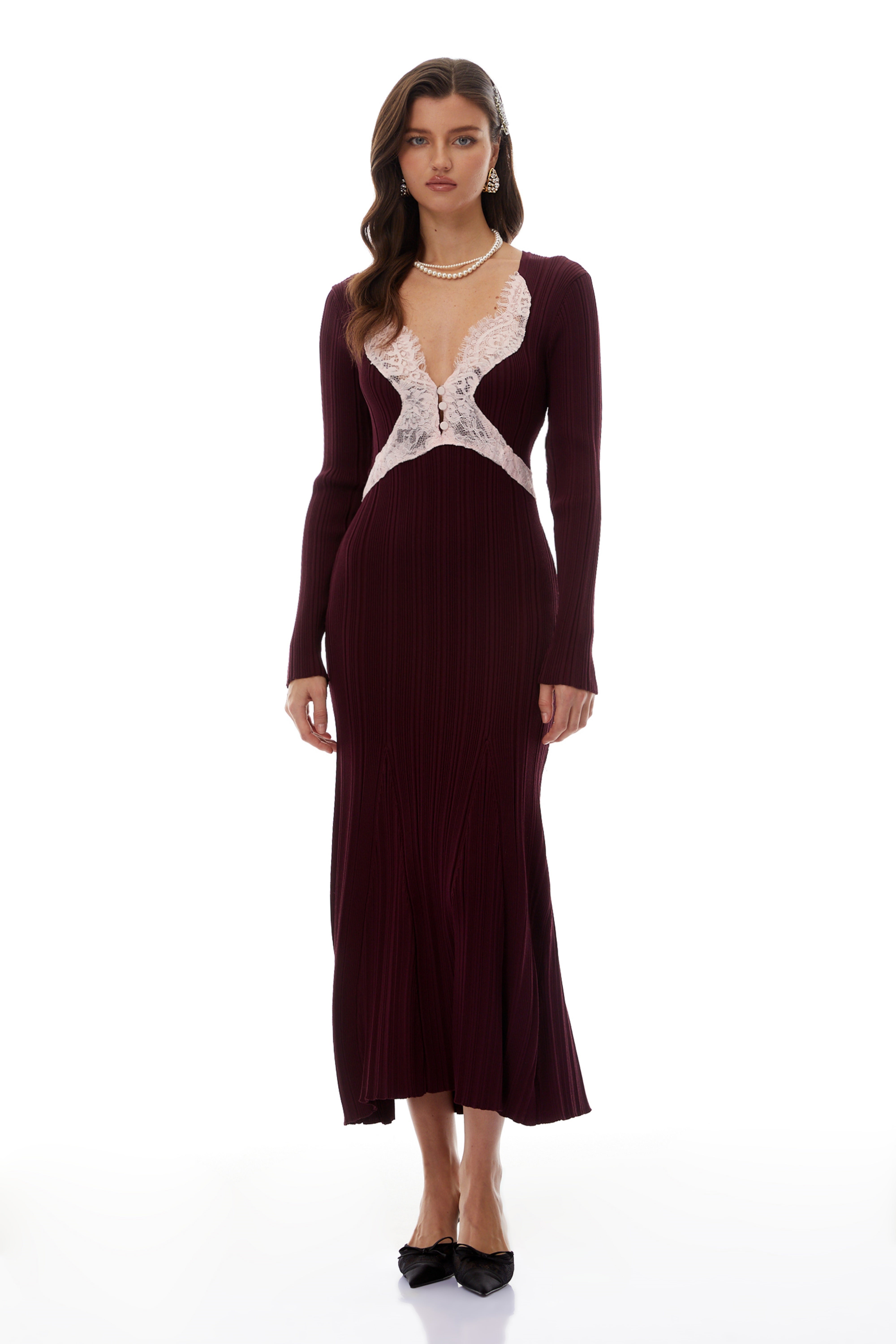 Dagný Burgundy Lace Trim Knit Midi Dress (Final Sale)