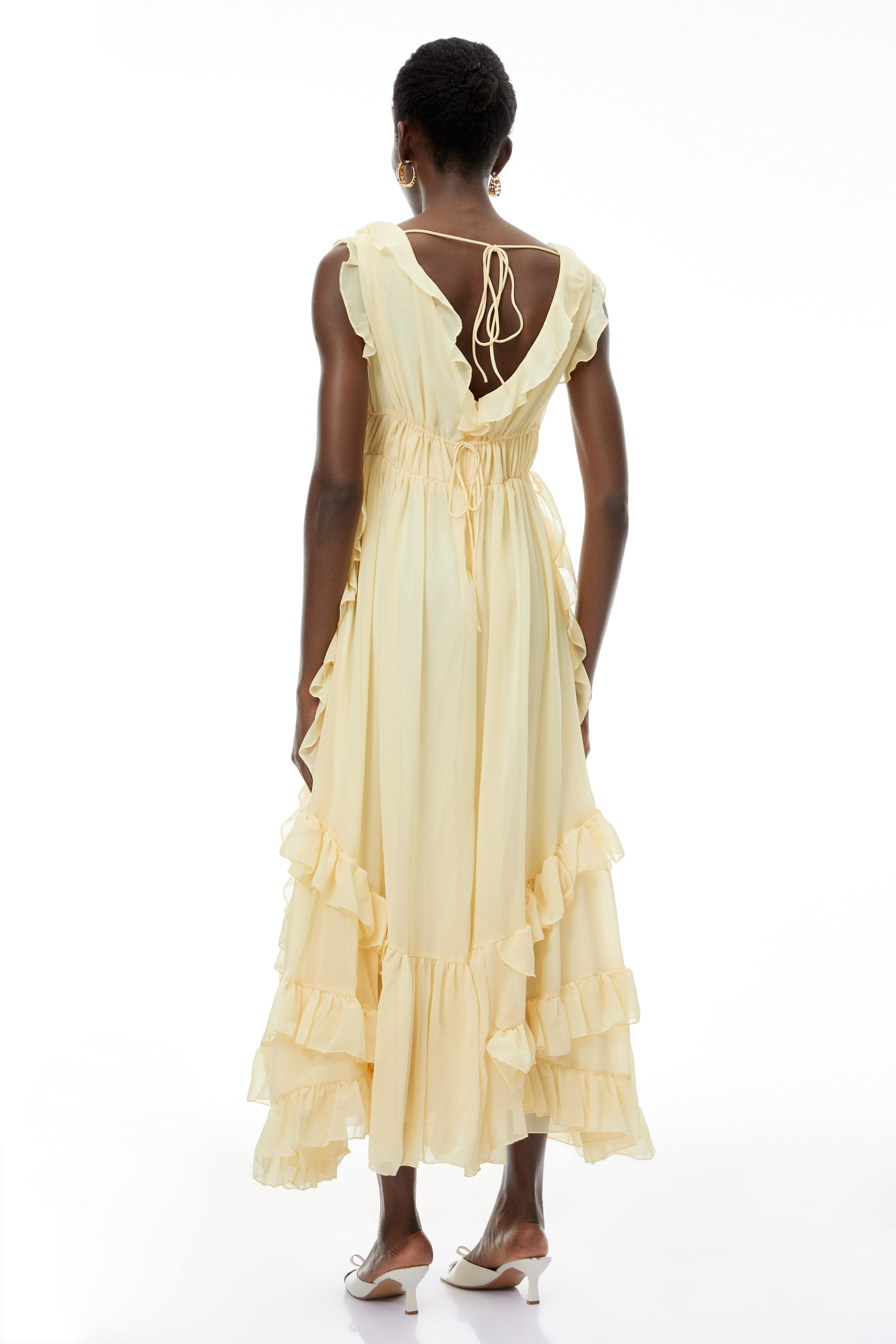 Dahlia Yellow Ruffled Maxi Dress with Lace-Up Detail (Final Sale)