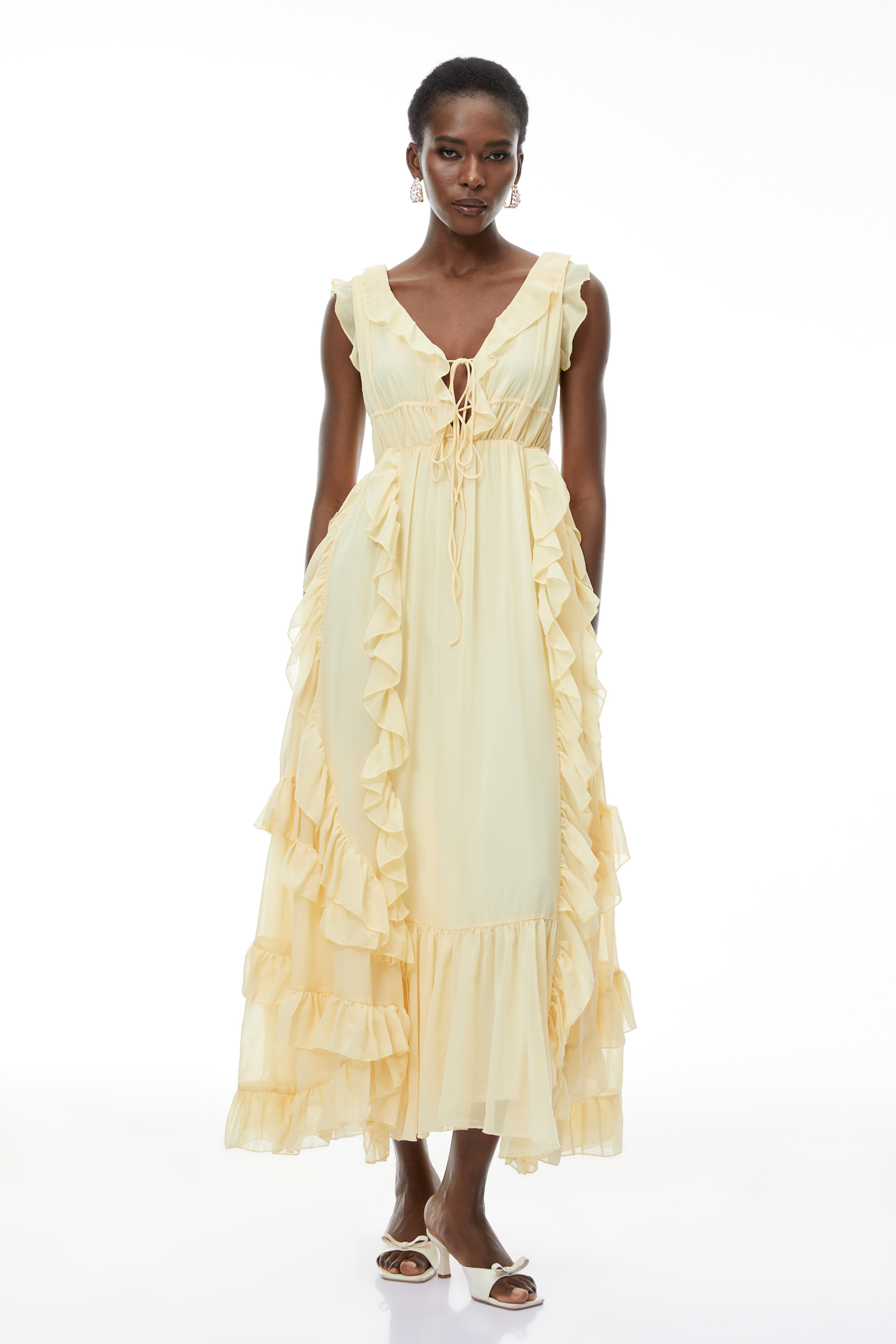Dahlia Yellow Ruffled Maxi Dress with Lace-Up Detail (Final Sale)