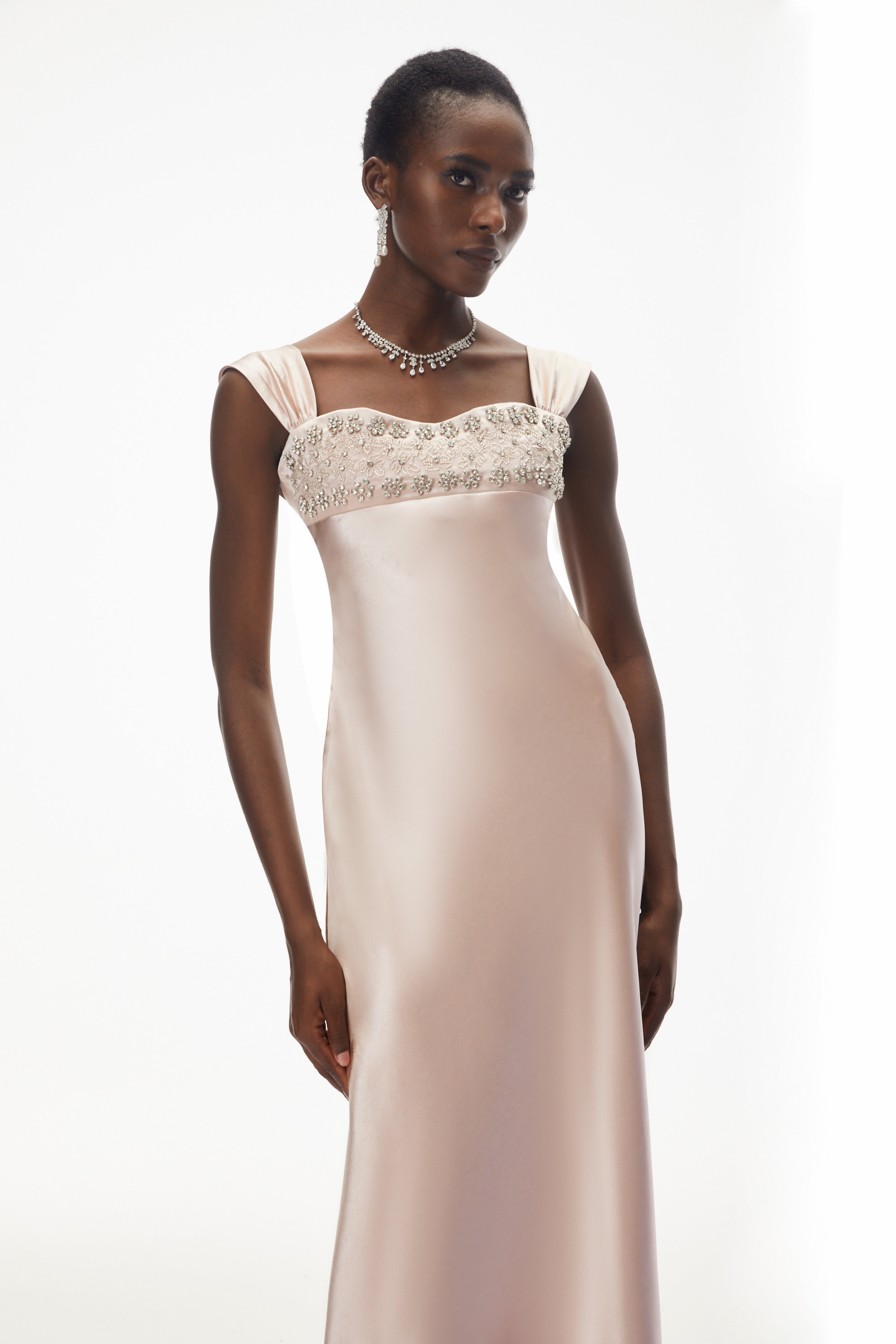 Perrine Blush Pink Embellished Satin Midi Dress