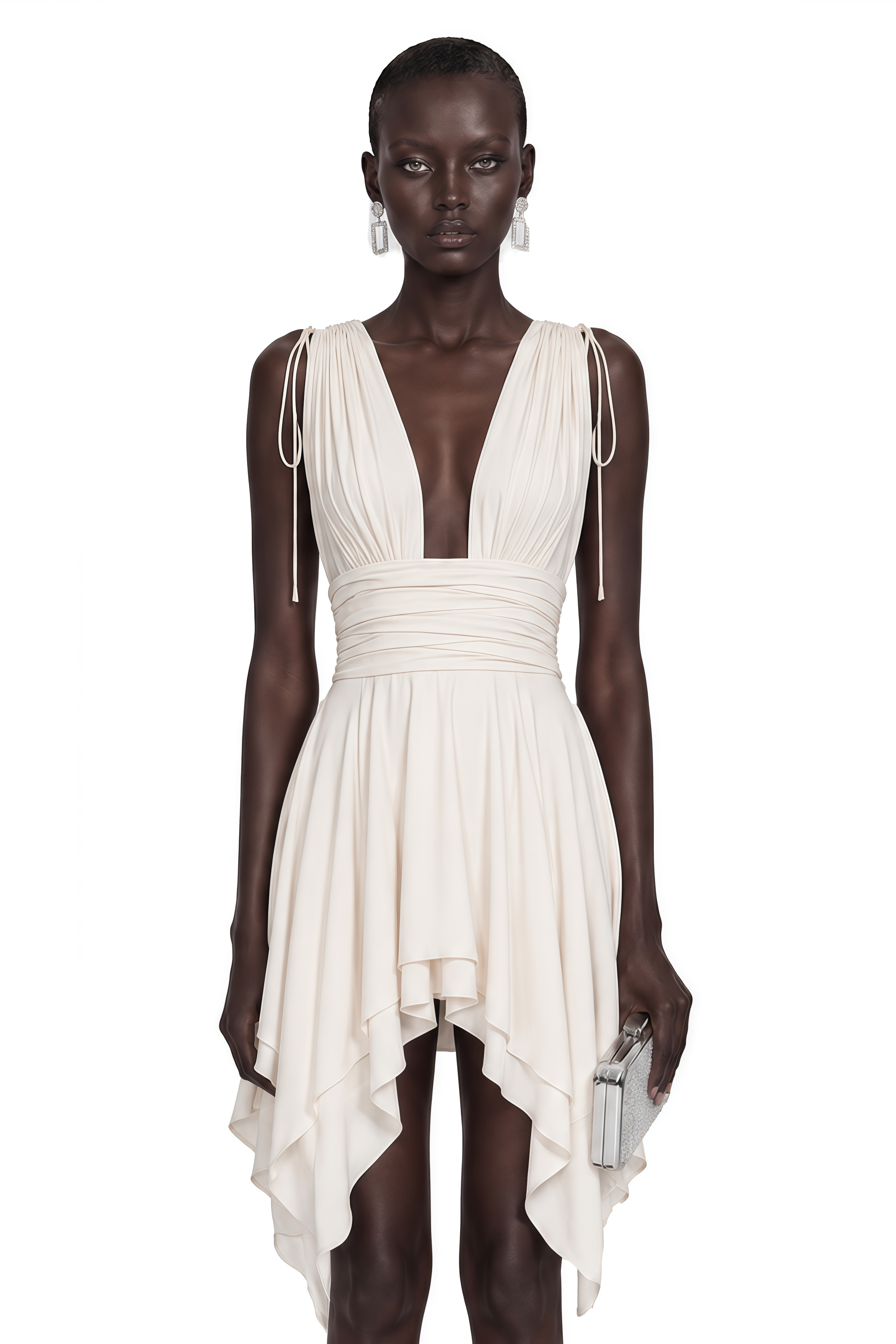 Damla Ivory Asymmetrical Ruched Mini Dress