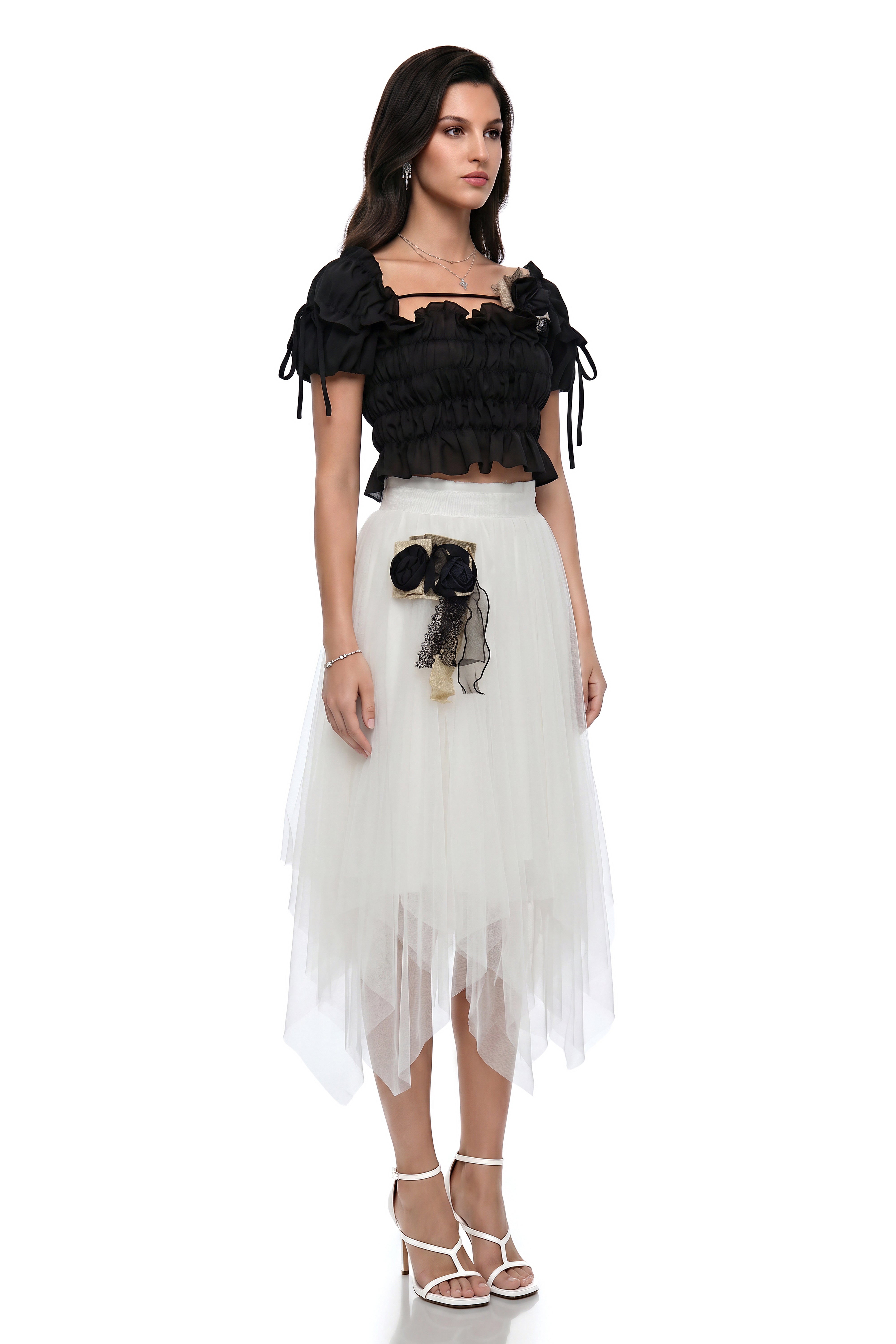 Danae White Asymmetrical Tiered Tulle Skirt