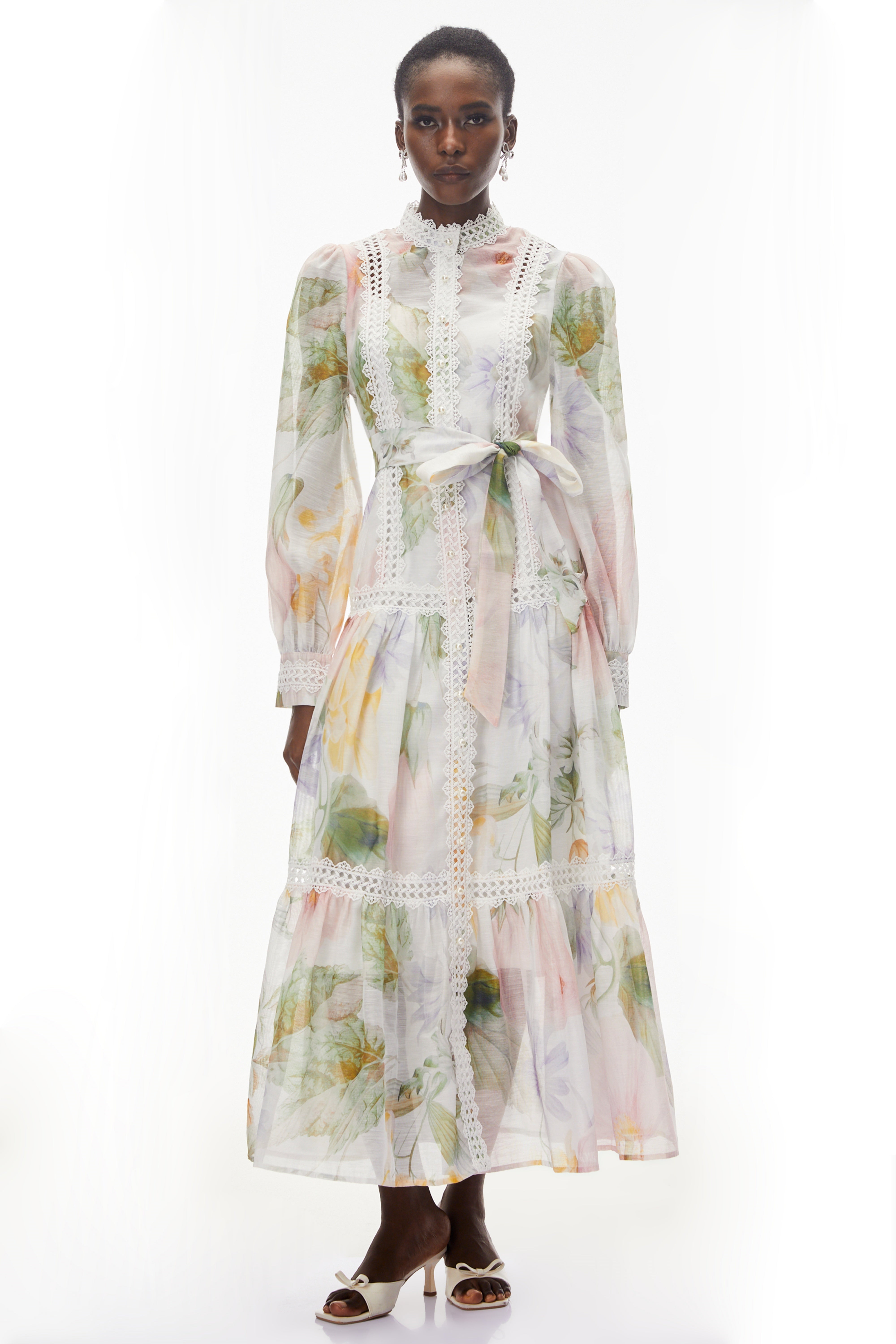 Danae White Floral Print Midi Dress with Lace Trim