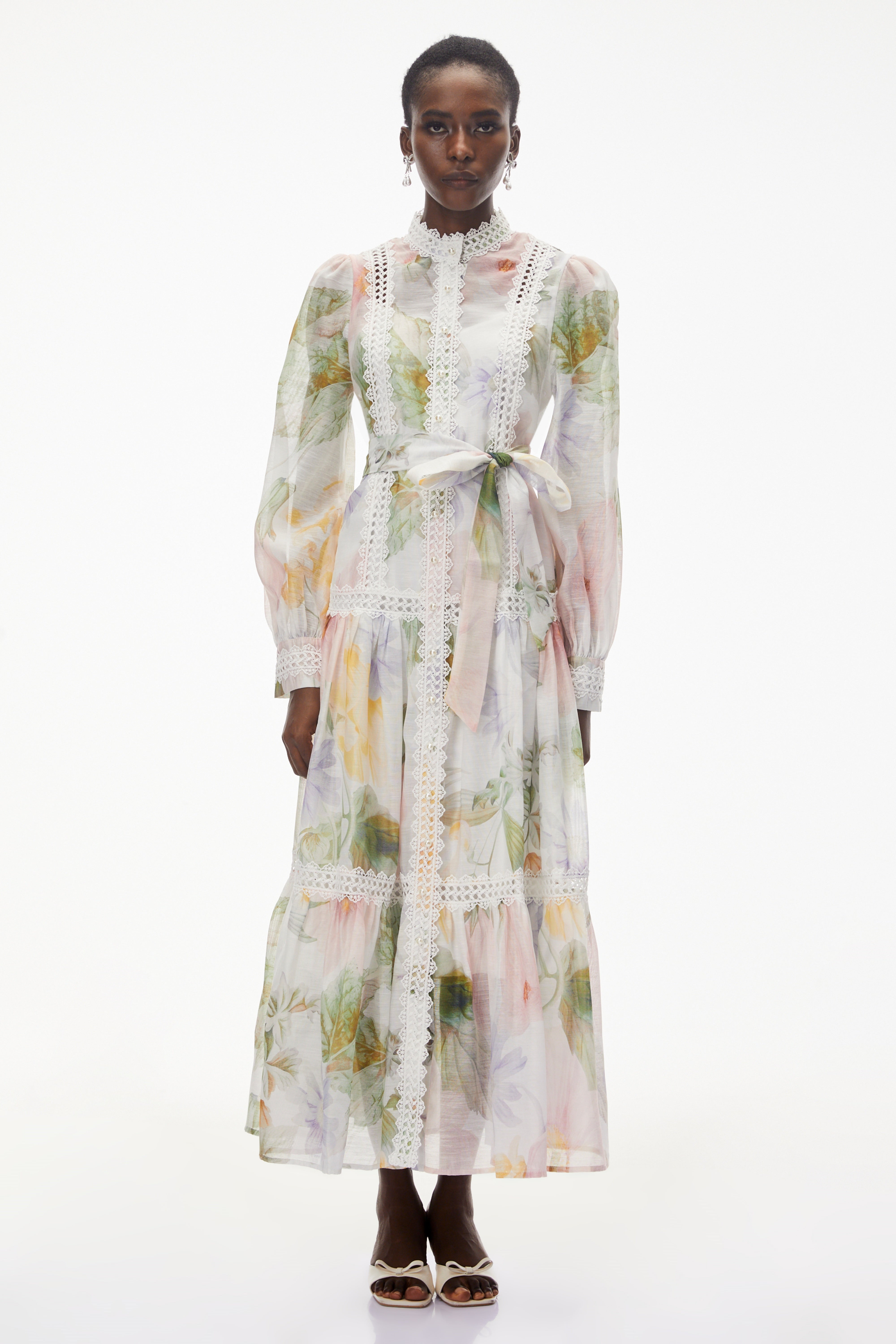 Danae White Floral Print Midi Dress with Lace Trim