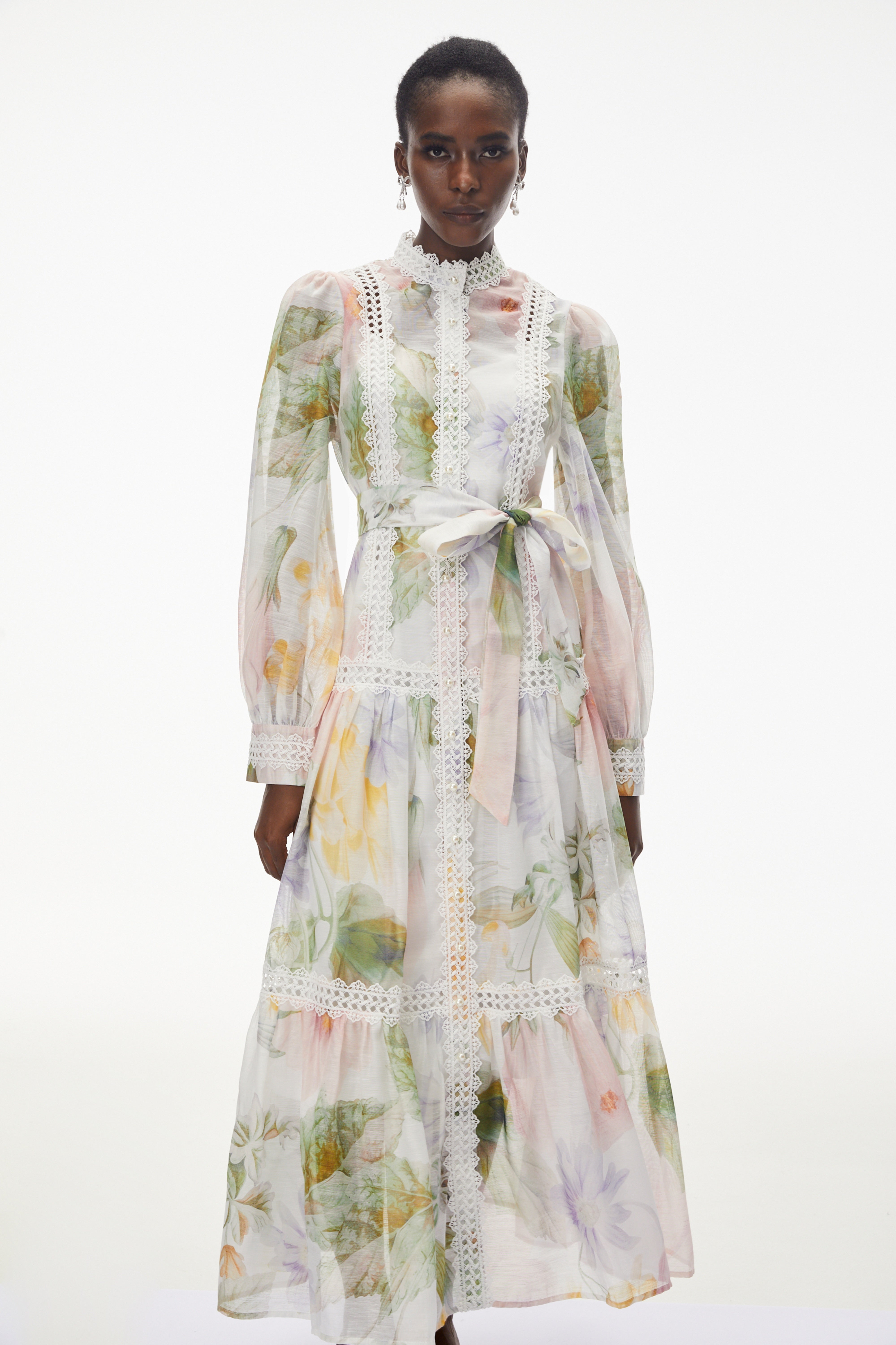 Danae White Floral Print Midi Dress with Lace Trim