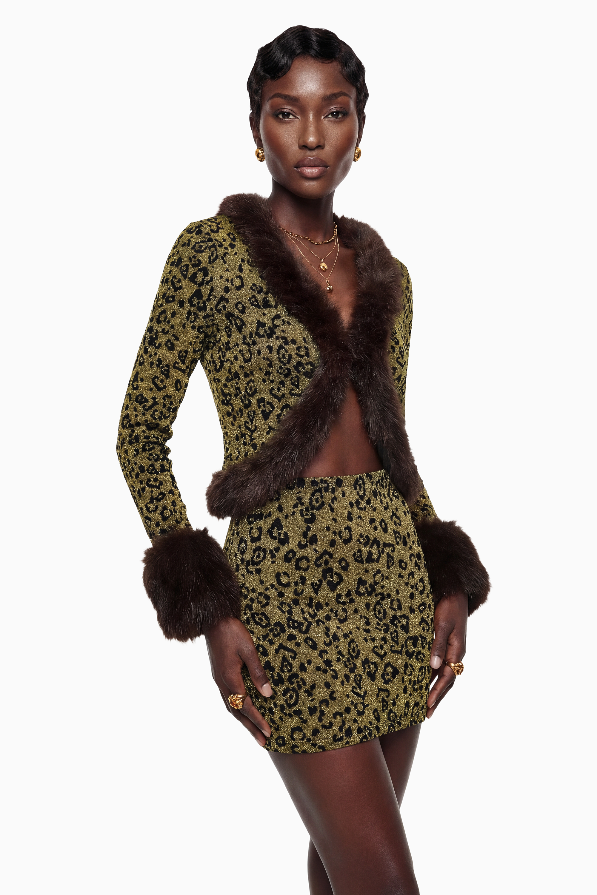 Danica Yellow Fur Trim Leopard Top & Skirt Set